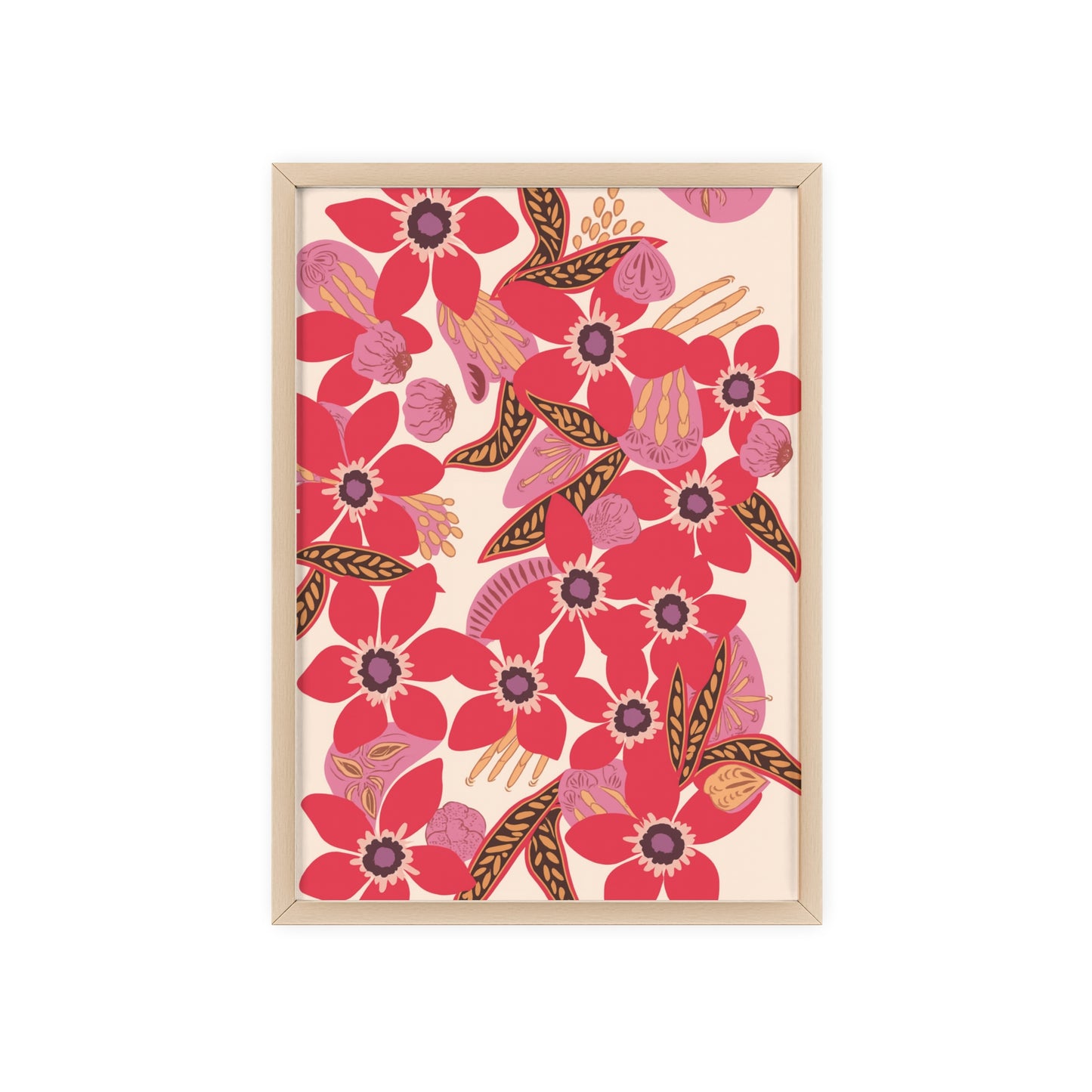 Floral Red Pink Poster with Wooden Frame — Bold Botanical Wall Art