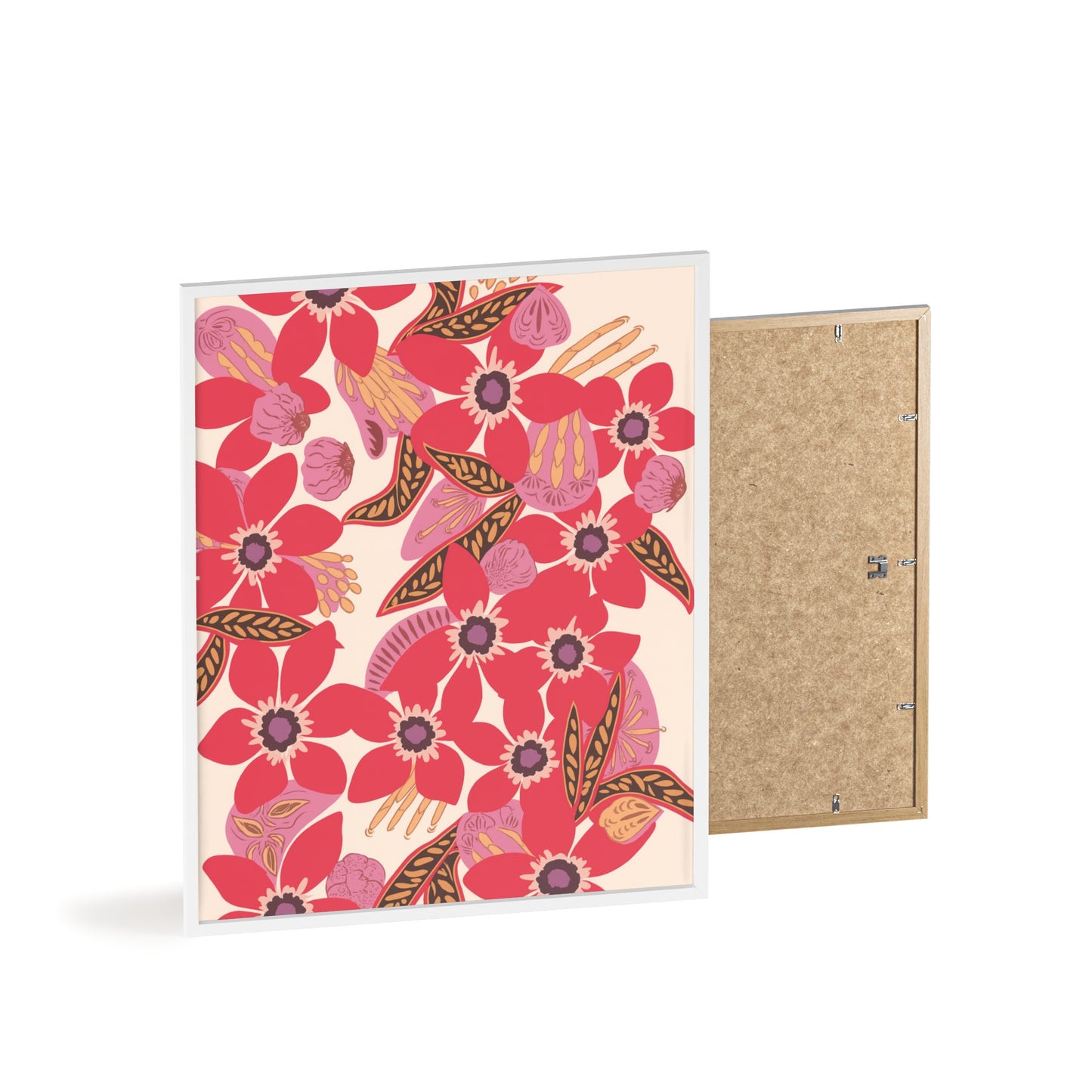 Floral Red Pink Poster with Wooden Frame — Bold Botanical Wall Art