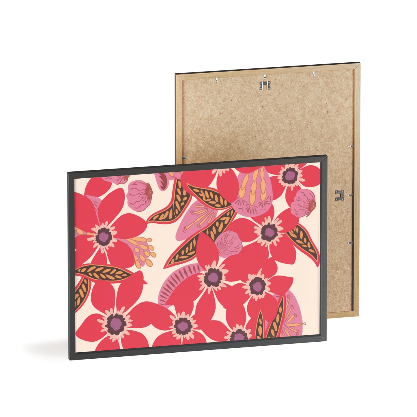 Floral Red Pink Poster with Wooden Frame — Bold Botanical Wall Art