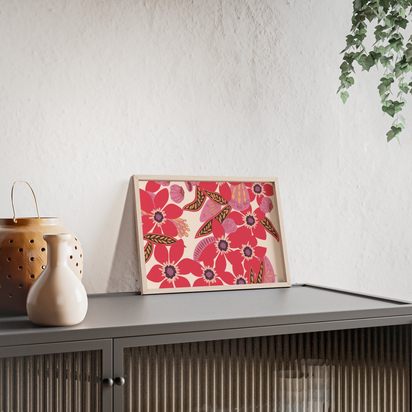 Floral Red Pink Poster with Wooden Frame — Bold Botanical Wall Art