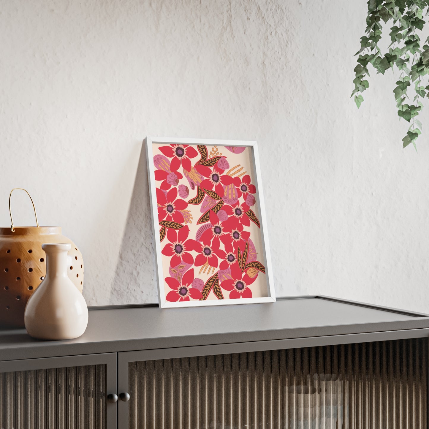 Floral Red Pink Poster with Wooden Frame — Bold Botanical Wall Art