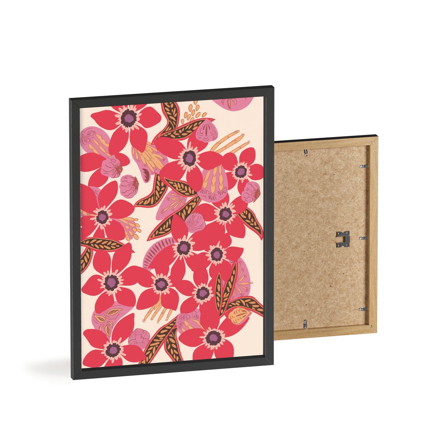 Floral Red Pink Poster with Wooden Frame — Bold Botanical Wall Art