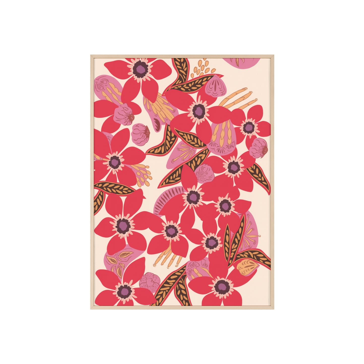 Floral Red Pink Poster with Wooden Frame — Bold Botanical Wall Art