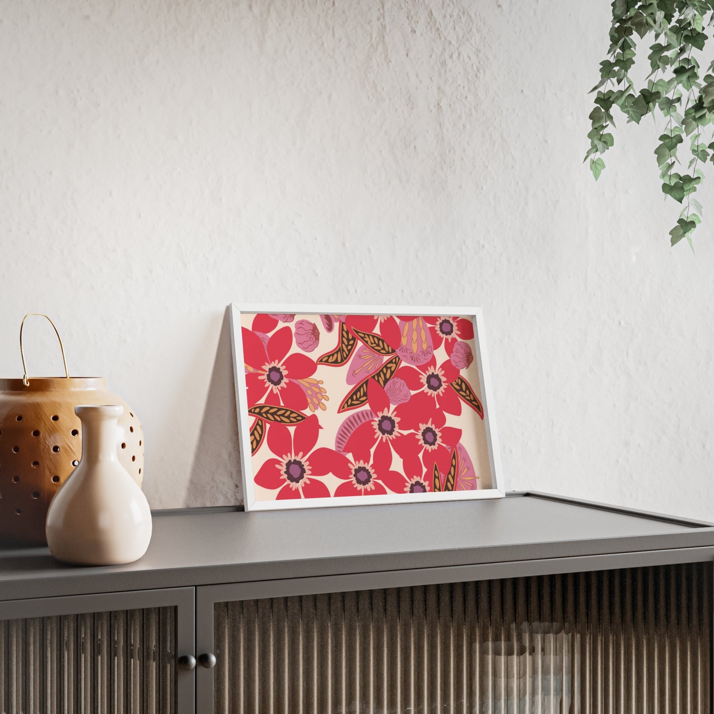 Floral Red Pink Poster with Wooden Frame — Bold Botanical Wall Art