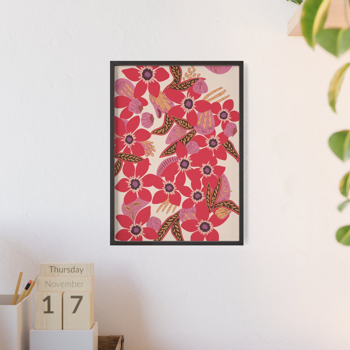 Floral Red Pink Poster with Wooden Frame — Bold Botanical Wall Art