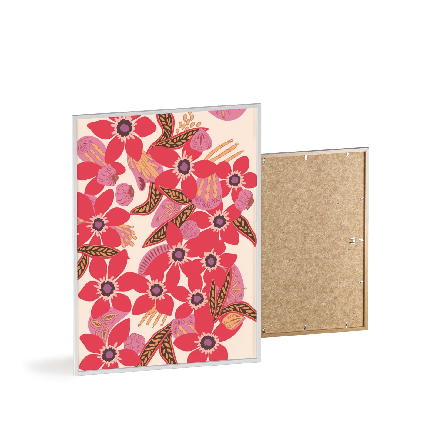 Floral Red Pink Poster with Wooden Frame — Bold Botanical Wall Art