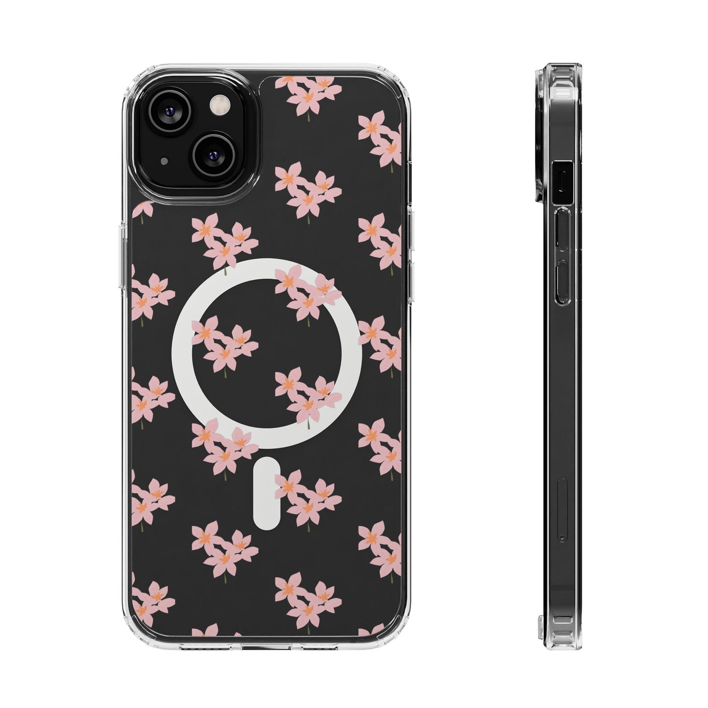 Clear Magnetic Phone Case — Pink Cherry Blossom Floral, Impact-Resistant MagSafe-Compatible