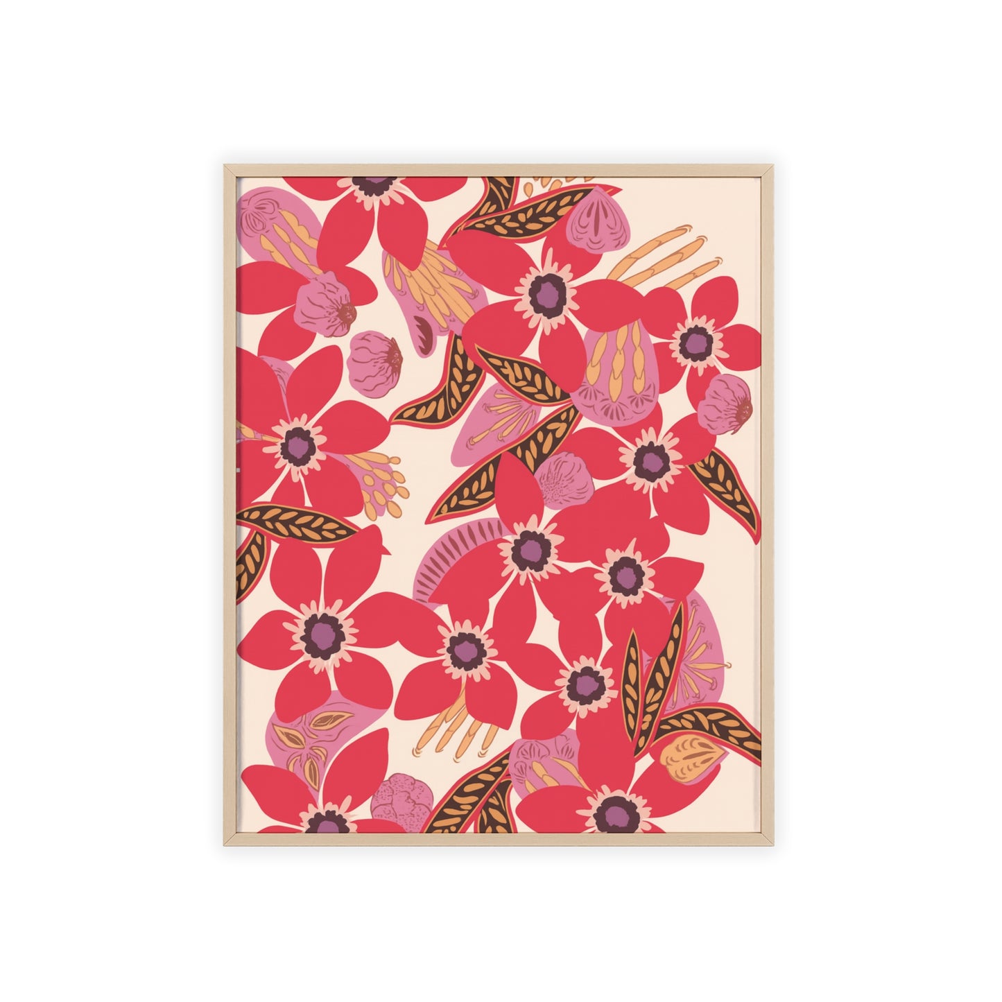 Floral Red Pink Poster with Wooden Frame — Bold Botanical Wall Art