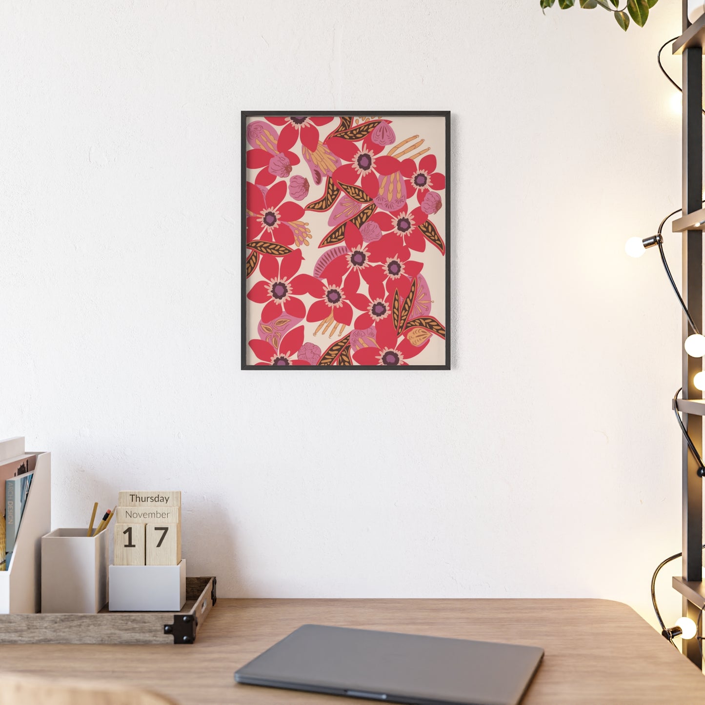 Floral Red Pink Poster with Wooden Frame — Bold Botanical Wall Art