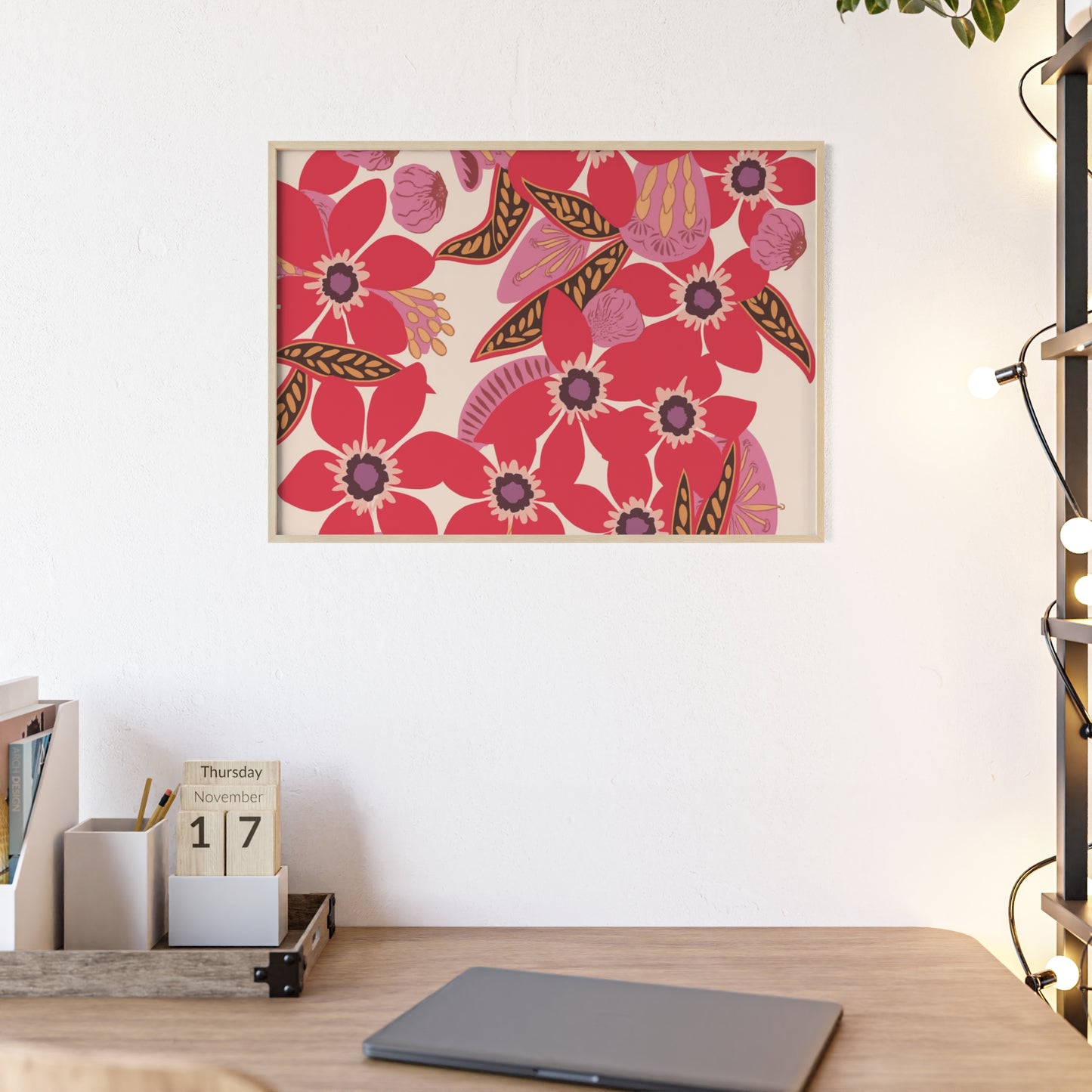 Floral Red Pink Poster with Wooden Frame — Bold Botanical Wall Art