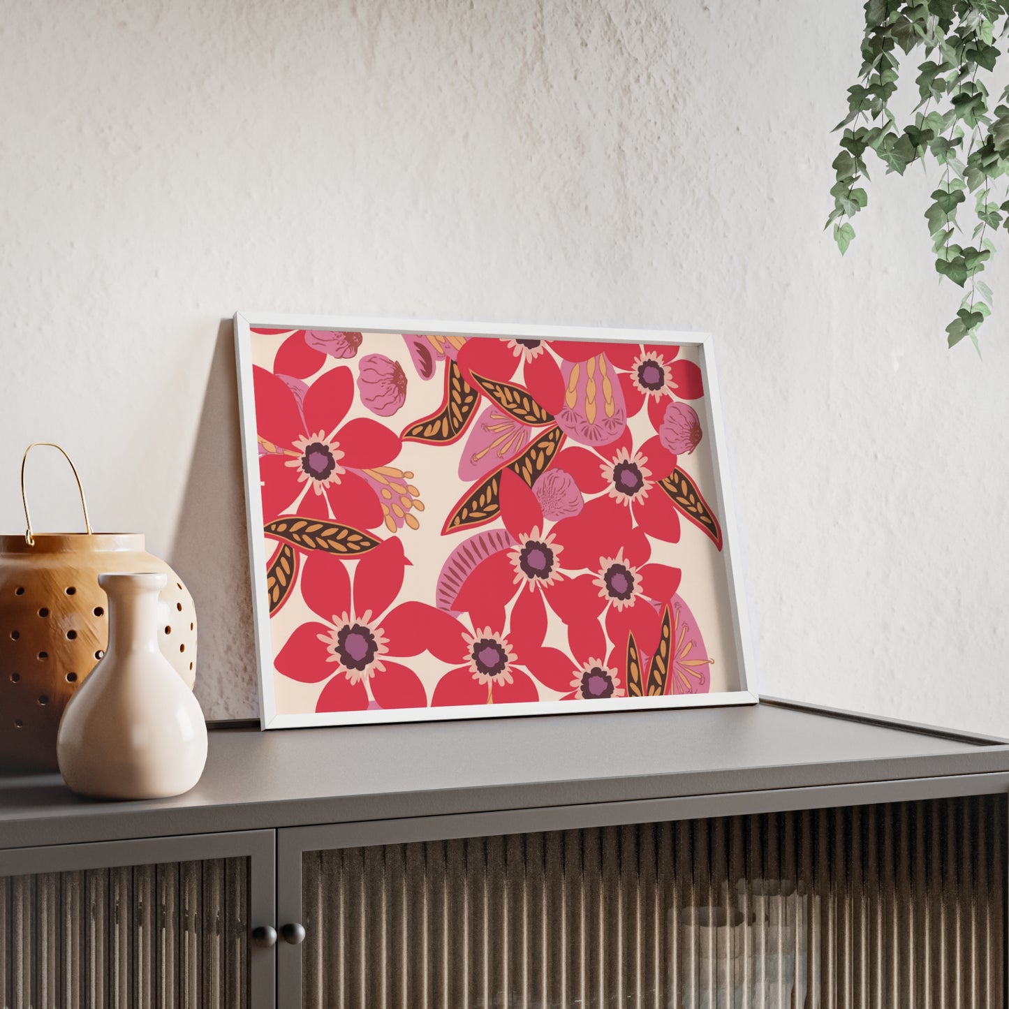 Floral Red Pink Poster with Wooden Frame — Bold Botanical Wall Art