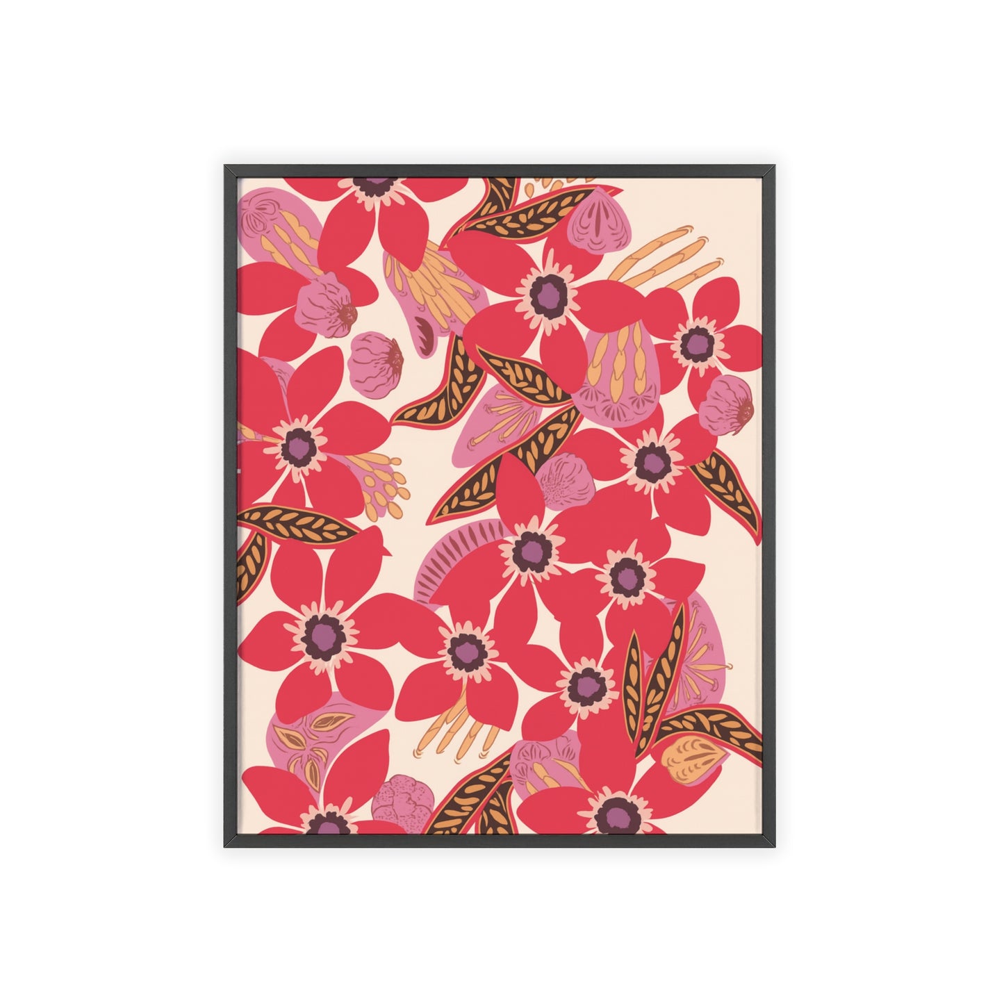 Floral Red Pink Poster with Wooden Frame — Bold Botanical Wall Art