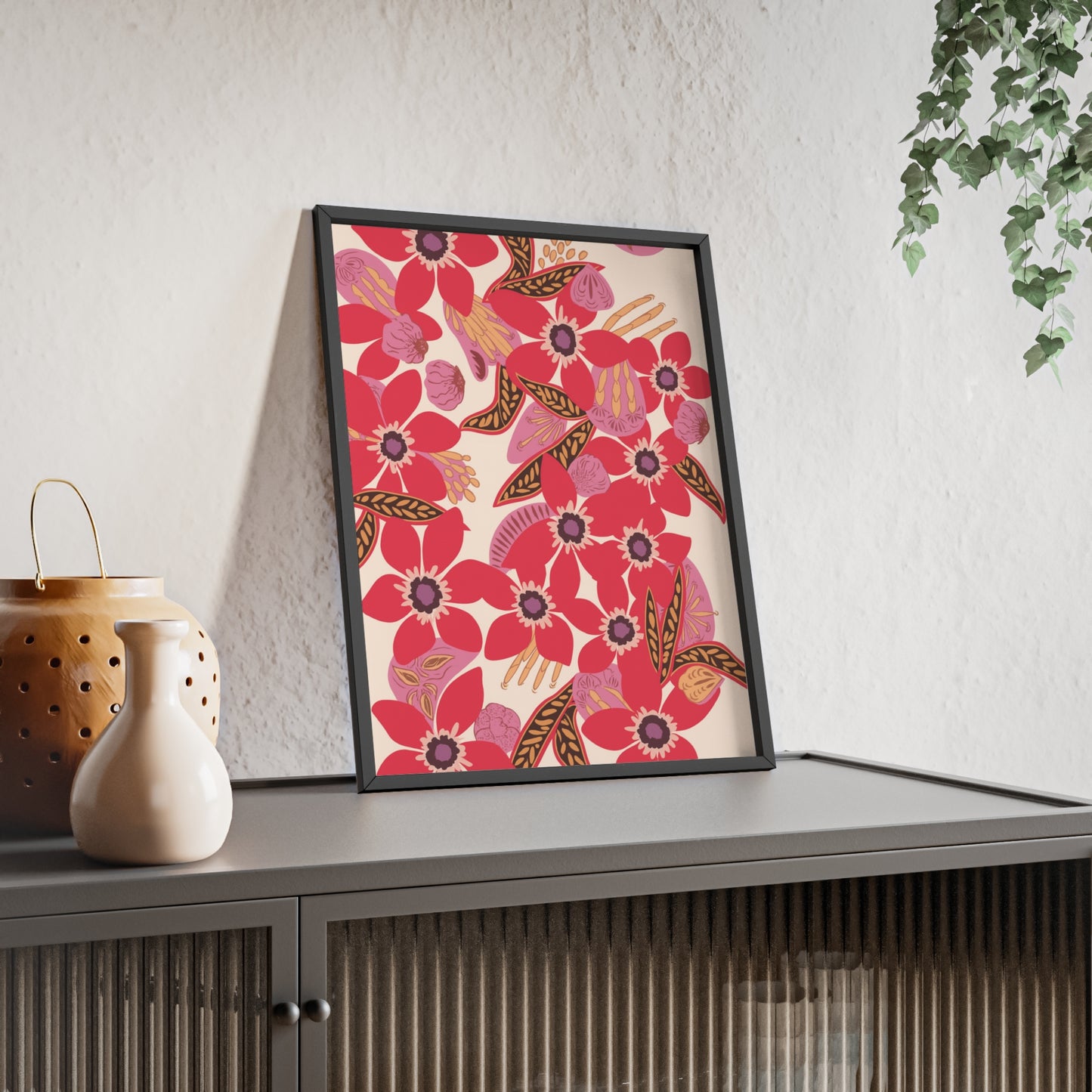 Floral Red Pink Poster with Wooden Frame — Bold Botanical Wall Art