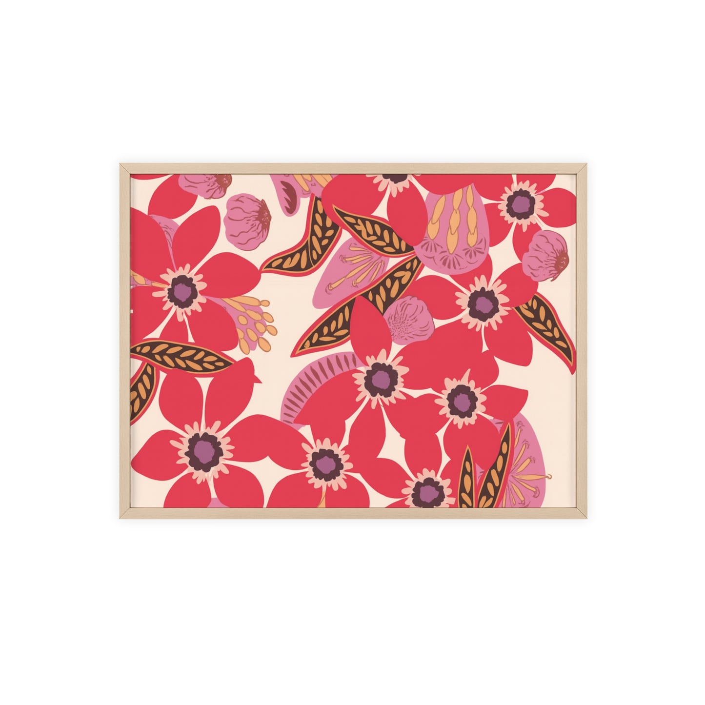 Floral Red Pink Poster with Wooden Frame — Bold Botanical Wall Art