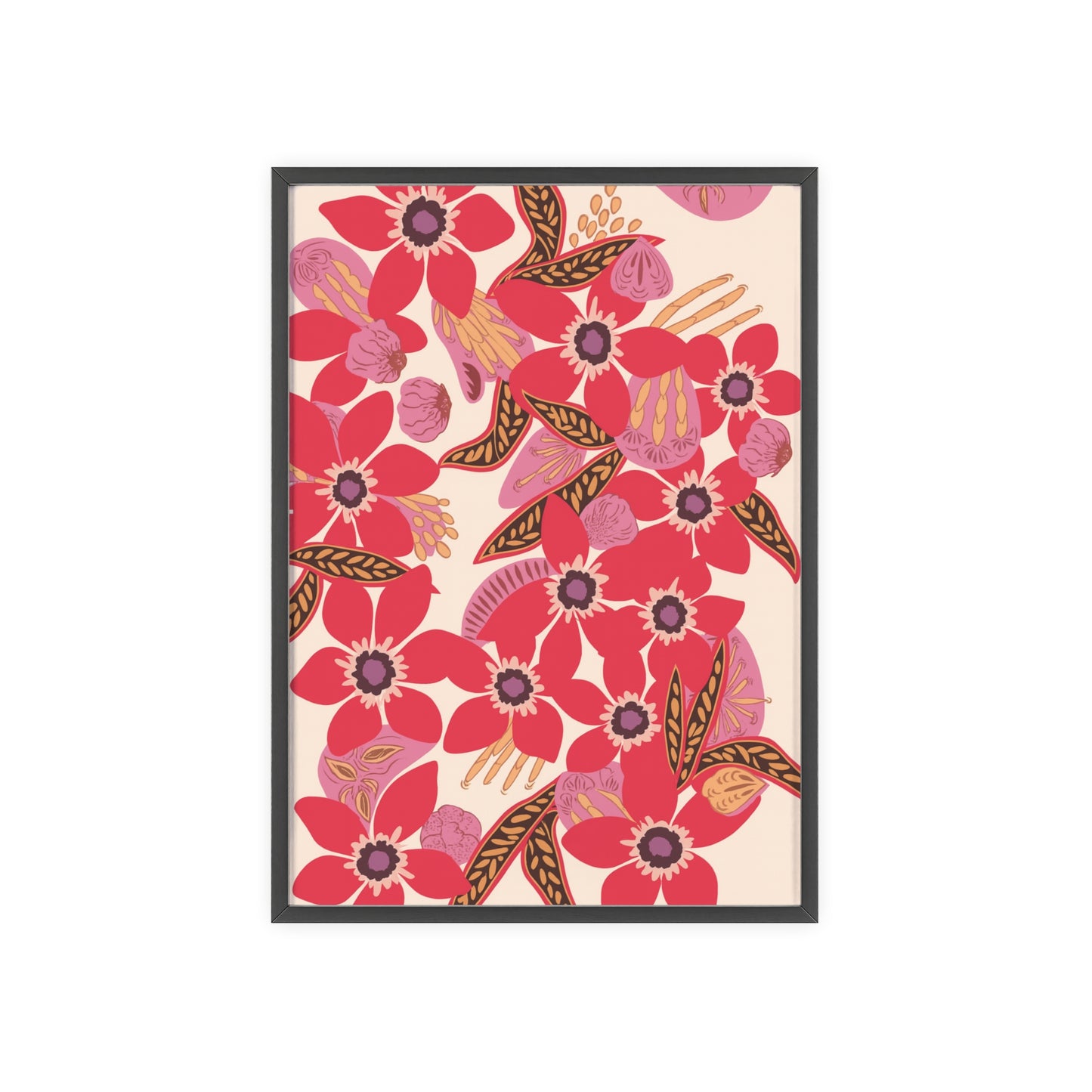Floral Red Pink Poster with Wooden Frame — Bold Botanical Wall Art