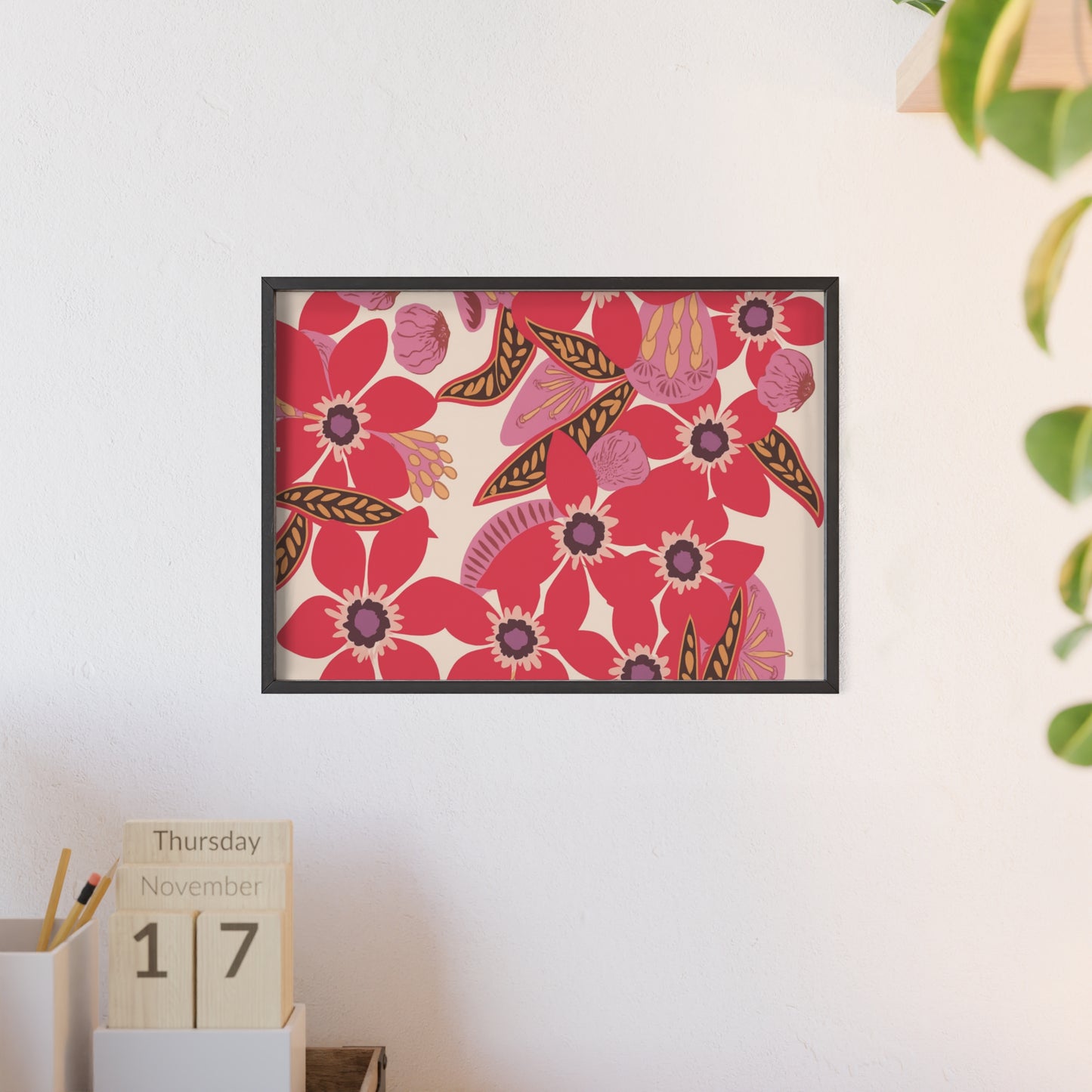 Floral Red Pink Poster with Wooden Frame — Bold Botanical Wall Art