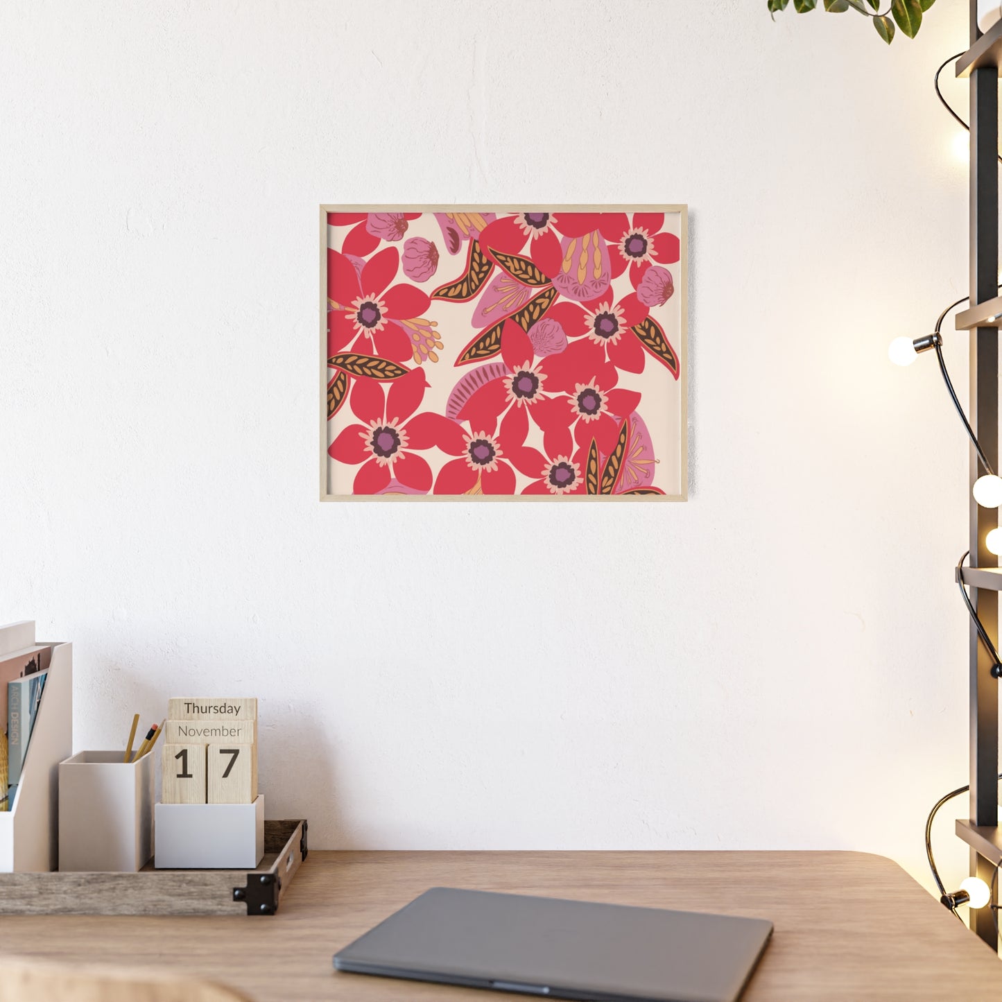 Floral Red Pink Poster with Wooden Frame — Bold Botanical Wall Art