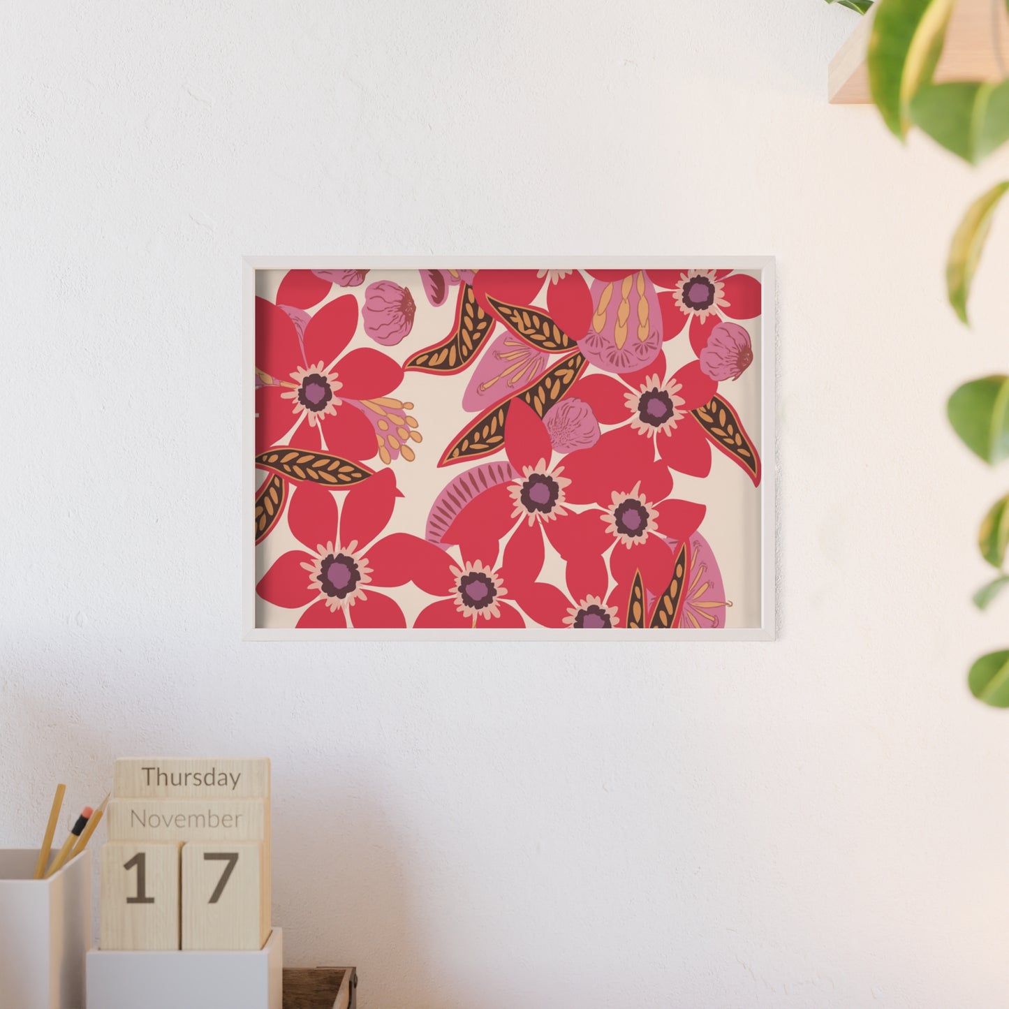 Floral Red Pink Poster with Wooden Frame — Bold Botanical Wall Art