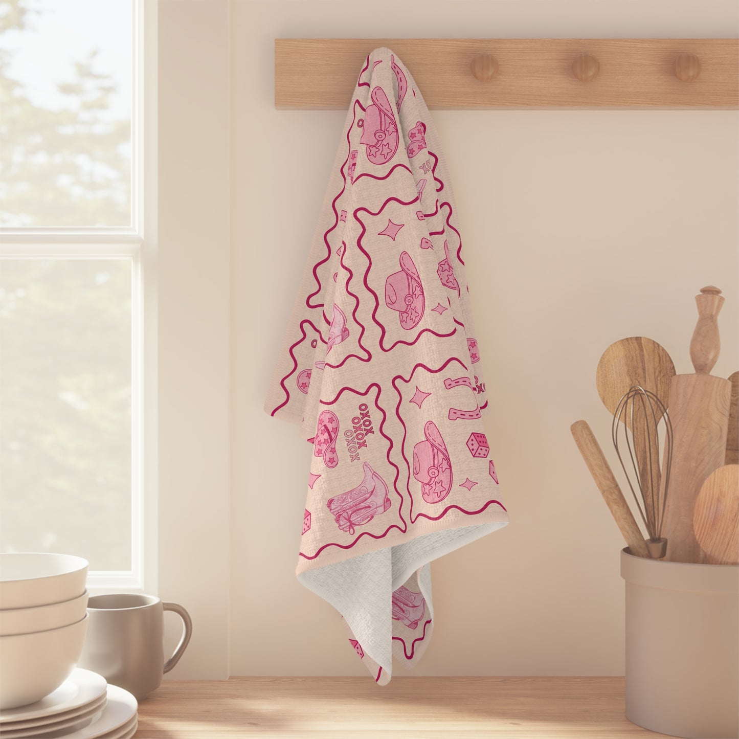 Cowgirl Love Tea Towel — Valentine's Day Cowboy Boot, Hat & Horseshoe Kitchen Towel