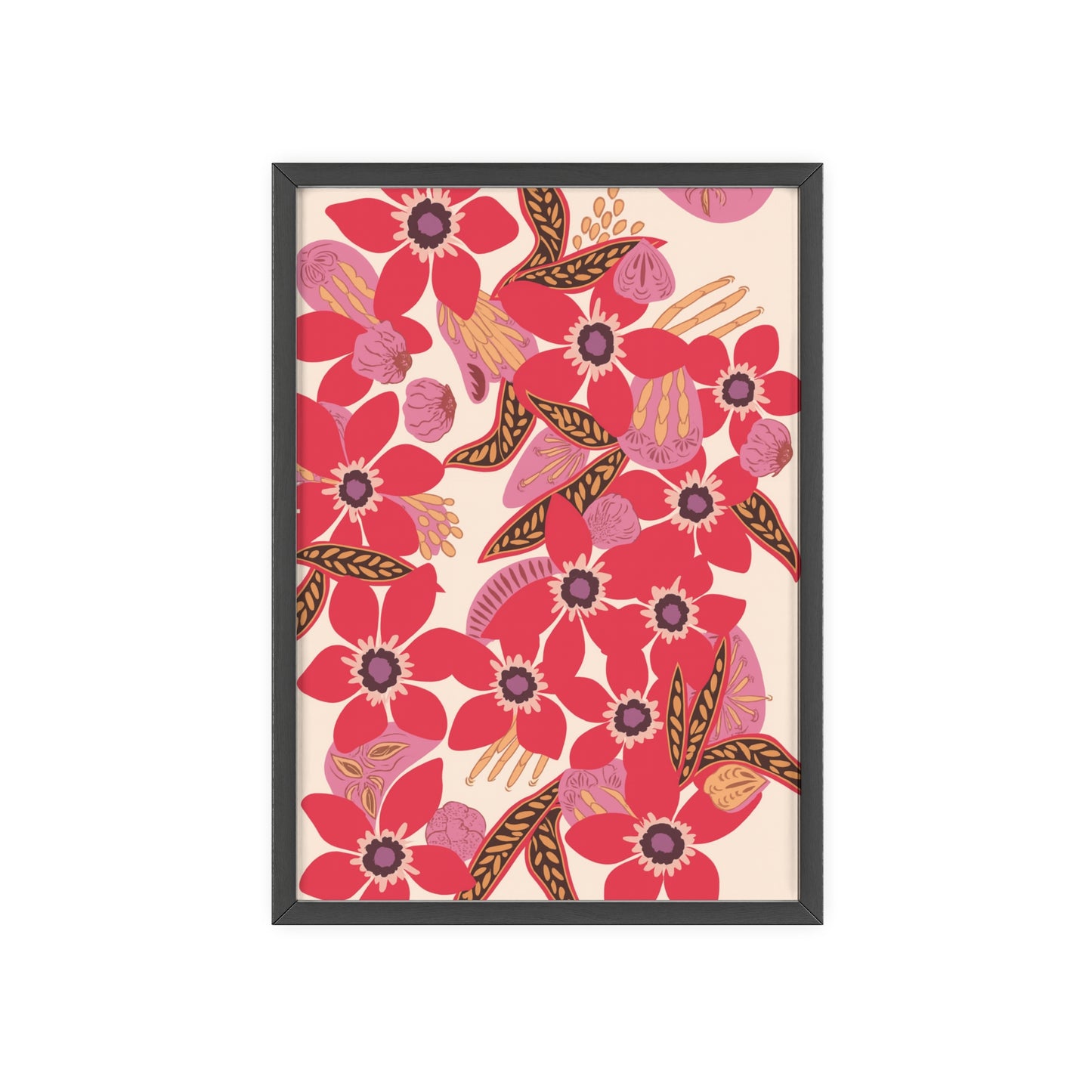 Floral Red Pink Poster with Wooden Frame — Bold Botanical Wall Art