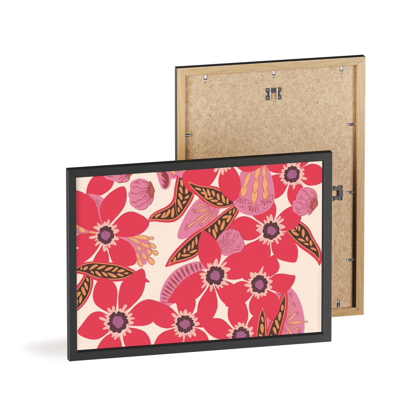 Floral Red Pink Poster with Wooden Frame — Bold Botanical Wall Art