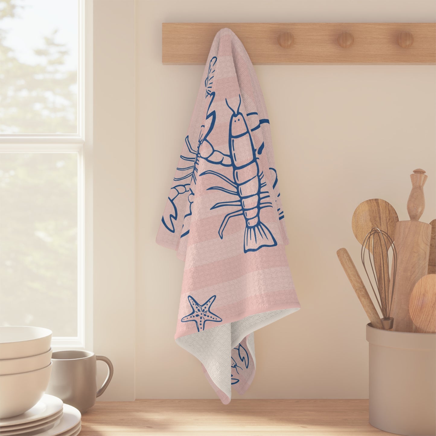 Be My Lobster Tea Towel — Pink Striped Coastal Kitchen Towel