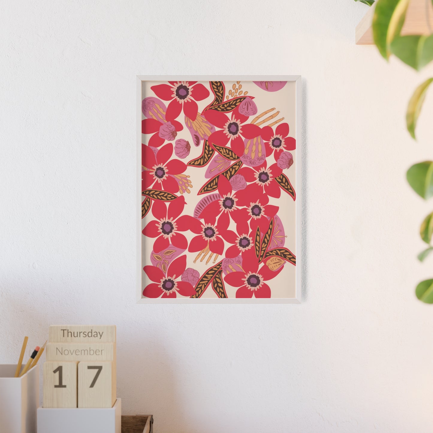 Floral Red Pink Poster with Wooden Frame — Bold Botanical Wall Art