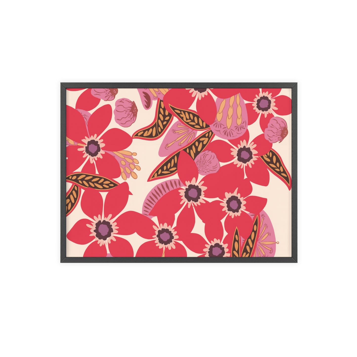 Floral Red Pink Poster with Wooden Frame — Bold Botanical Wall Art
