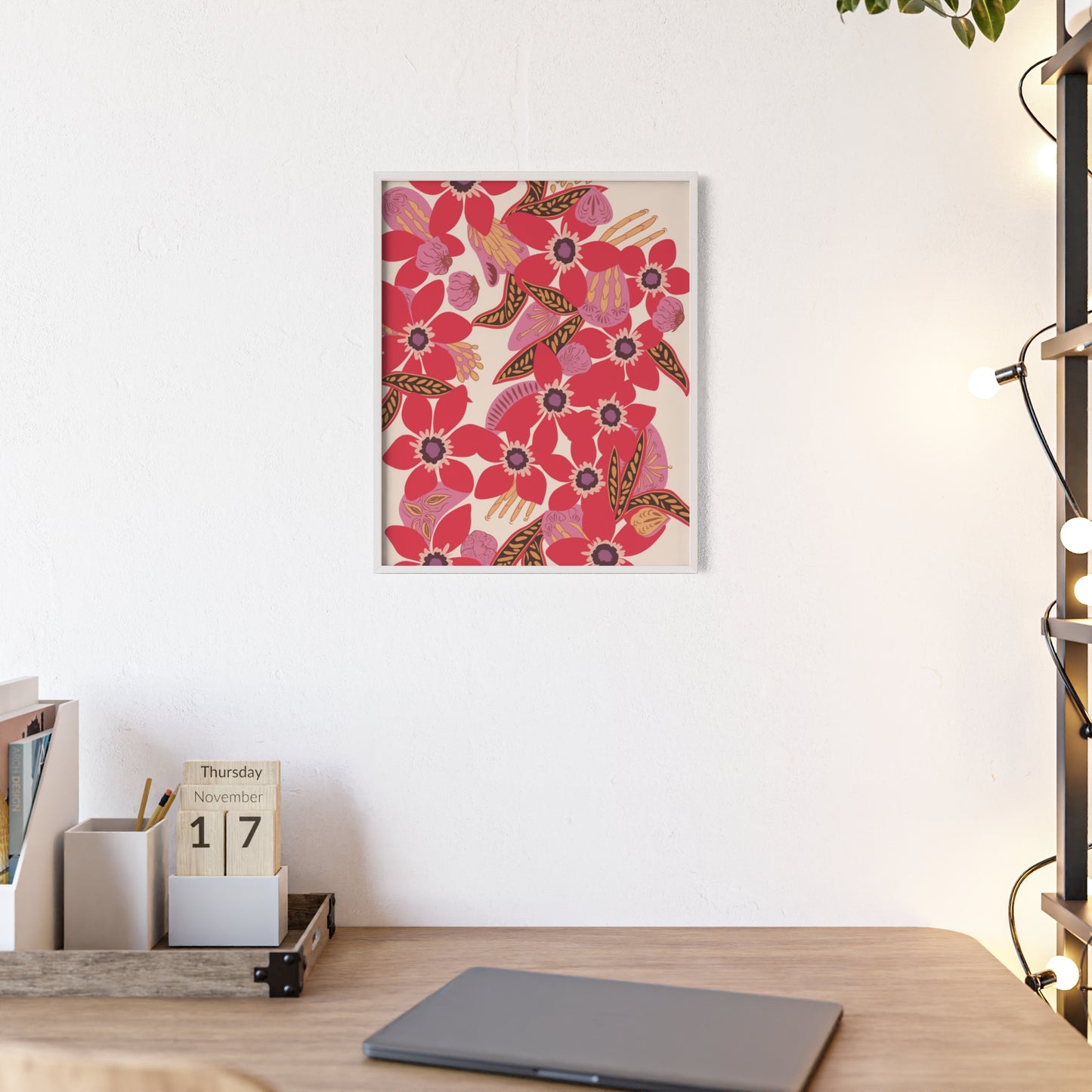 Floral Red Pink Poster with Wooden Frame — Bold Botanical Wall Art