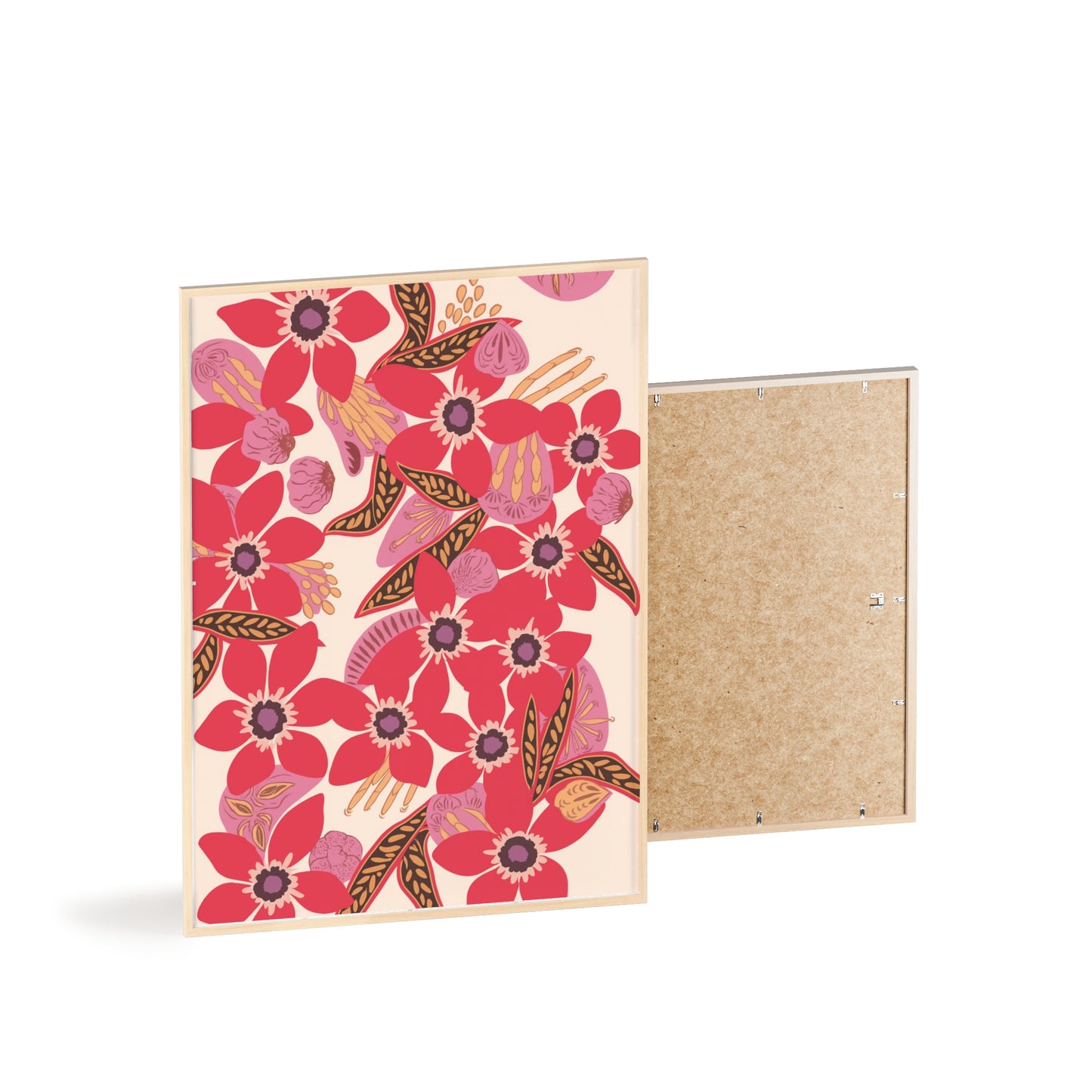 Floral Red Pink Poster with Wooden Frame — Bold Botanical Wall Art