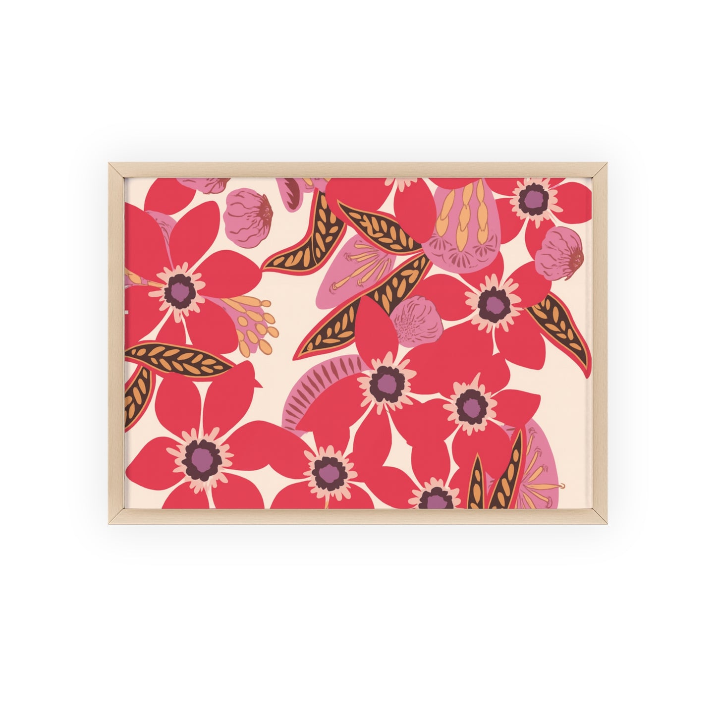 Floral Red Pink Poster with Wooden Frame — Bold Botanical Wall Art