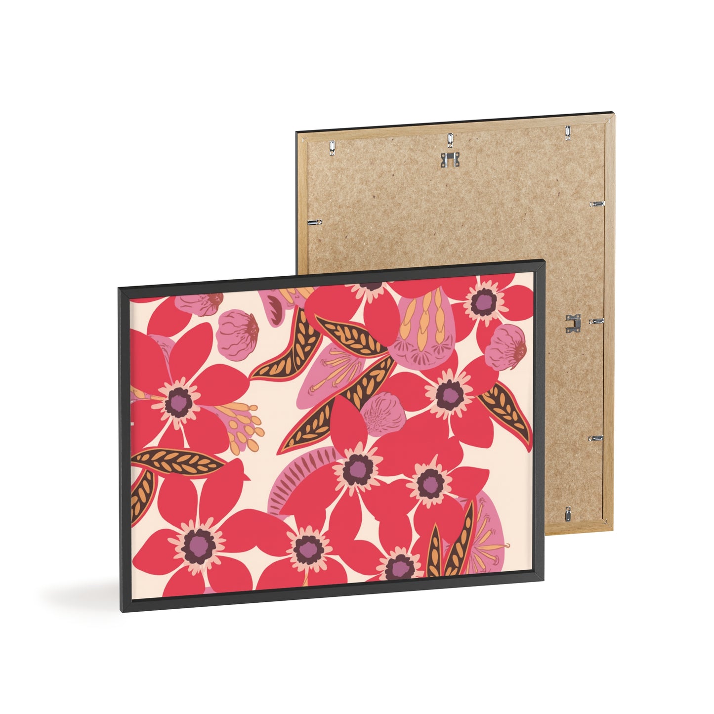 Floral Red Pink Poster with Wooden Frame — Bold Botanical Wall Art