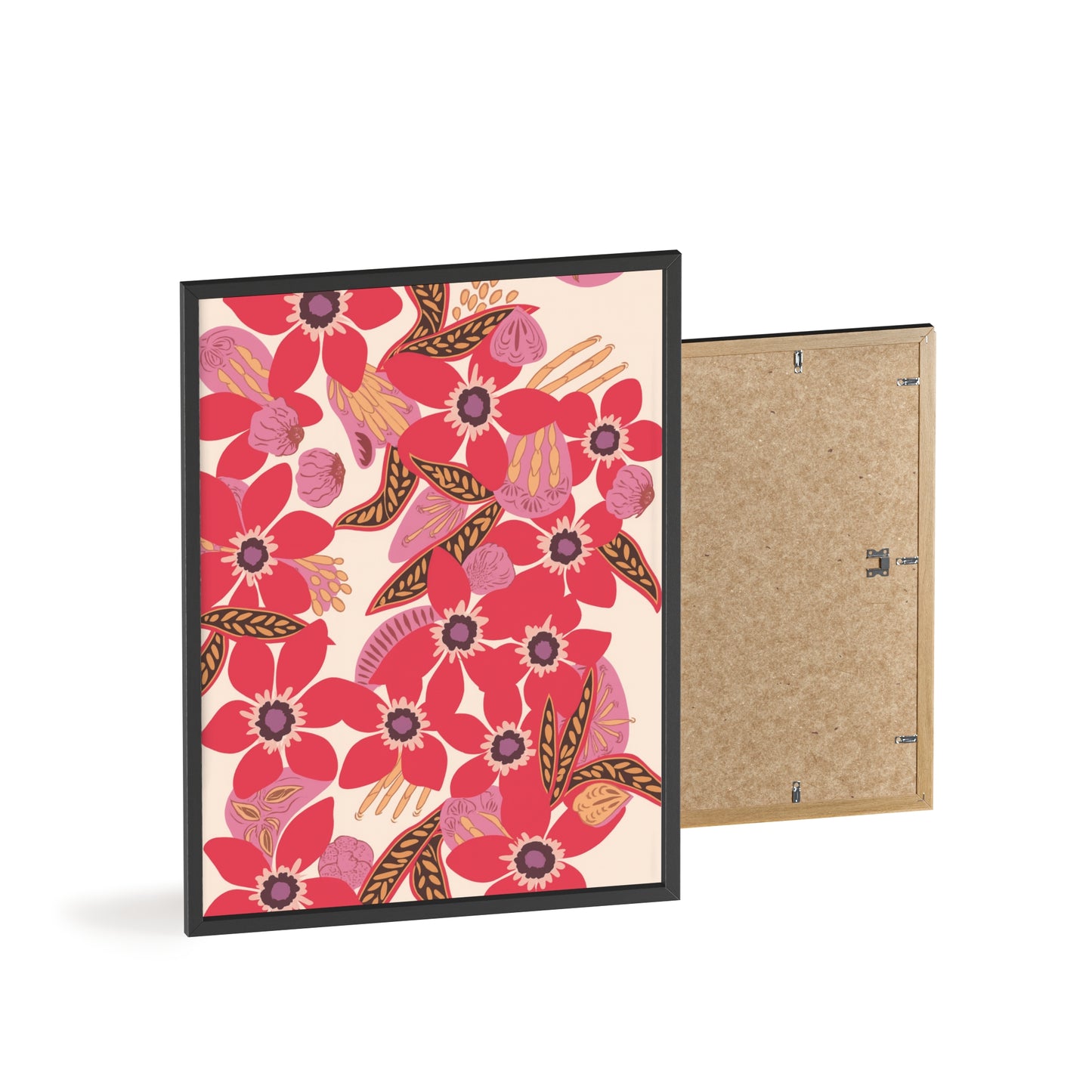 Floral Red Pink Poster with Wooden Frame — Bold Botanical Wall Art