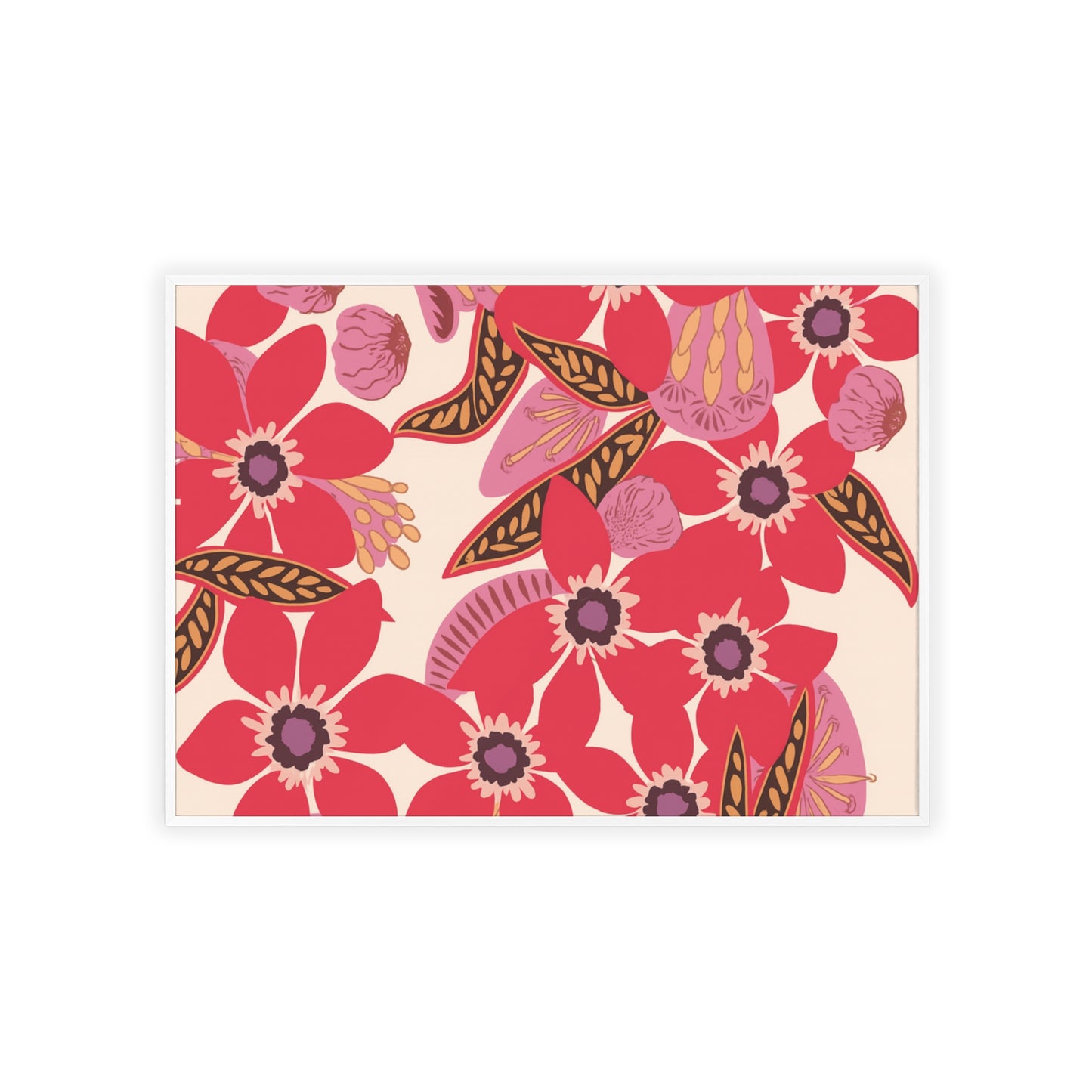 Floral Red Pink Poster with Wooden Frame — Bold Botanical Wall Art