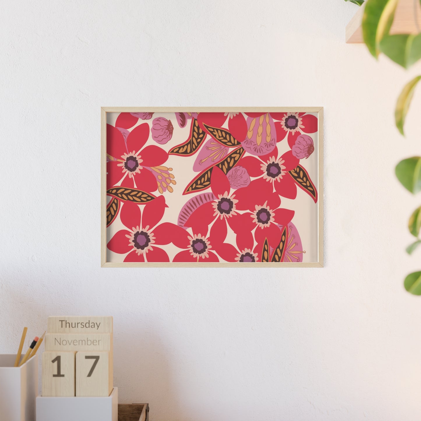 Floral Red Pink Poster with Wooden Frame — Bold Botanical Wall Art