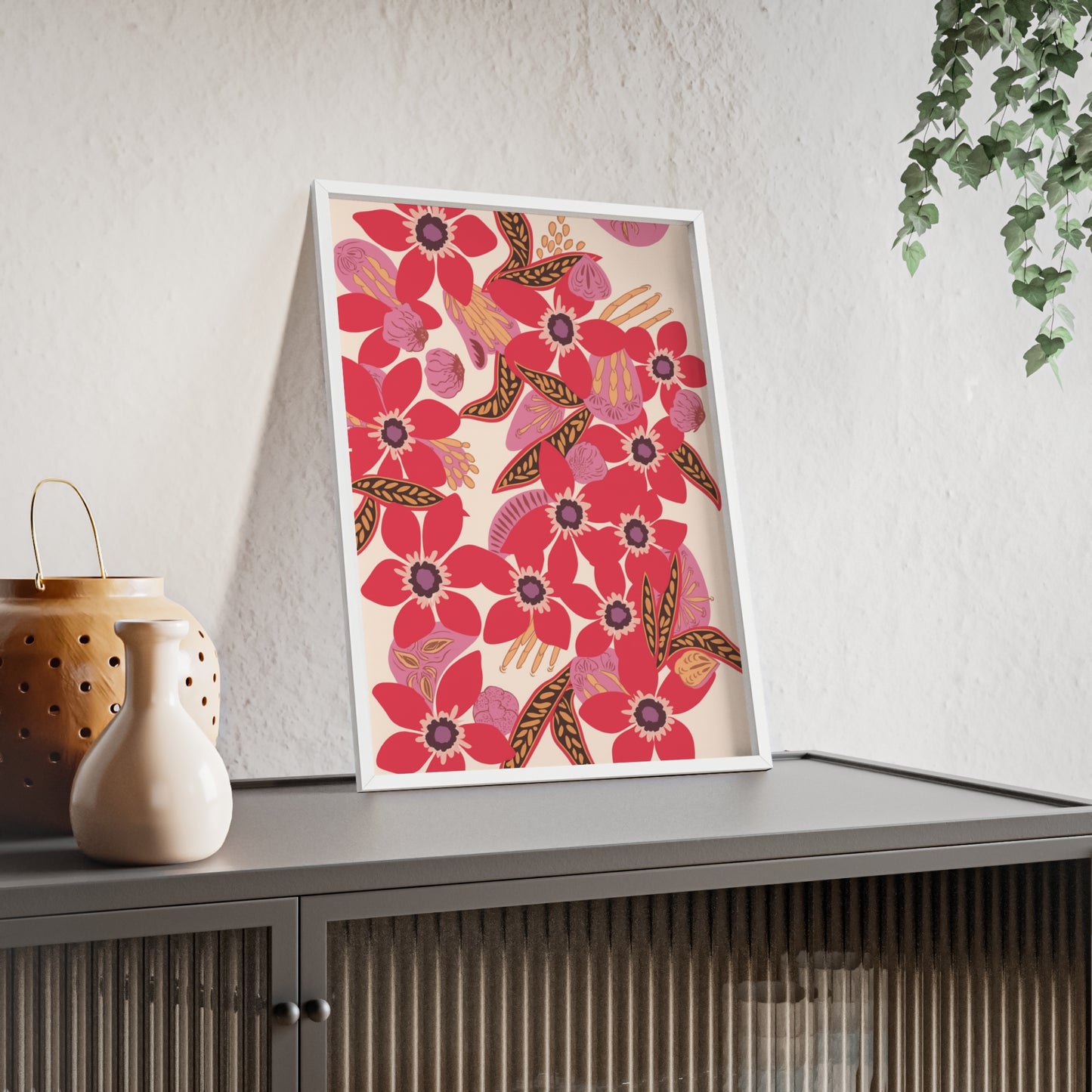 Floral Red Pink Poster with Wooden Frame — Bold Botanical Wall Art