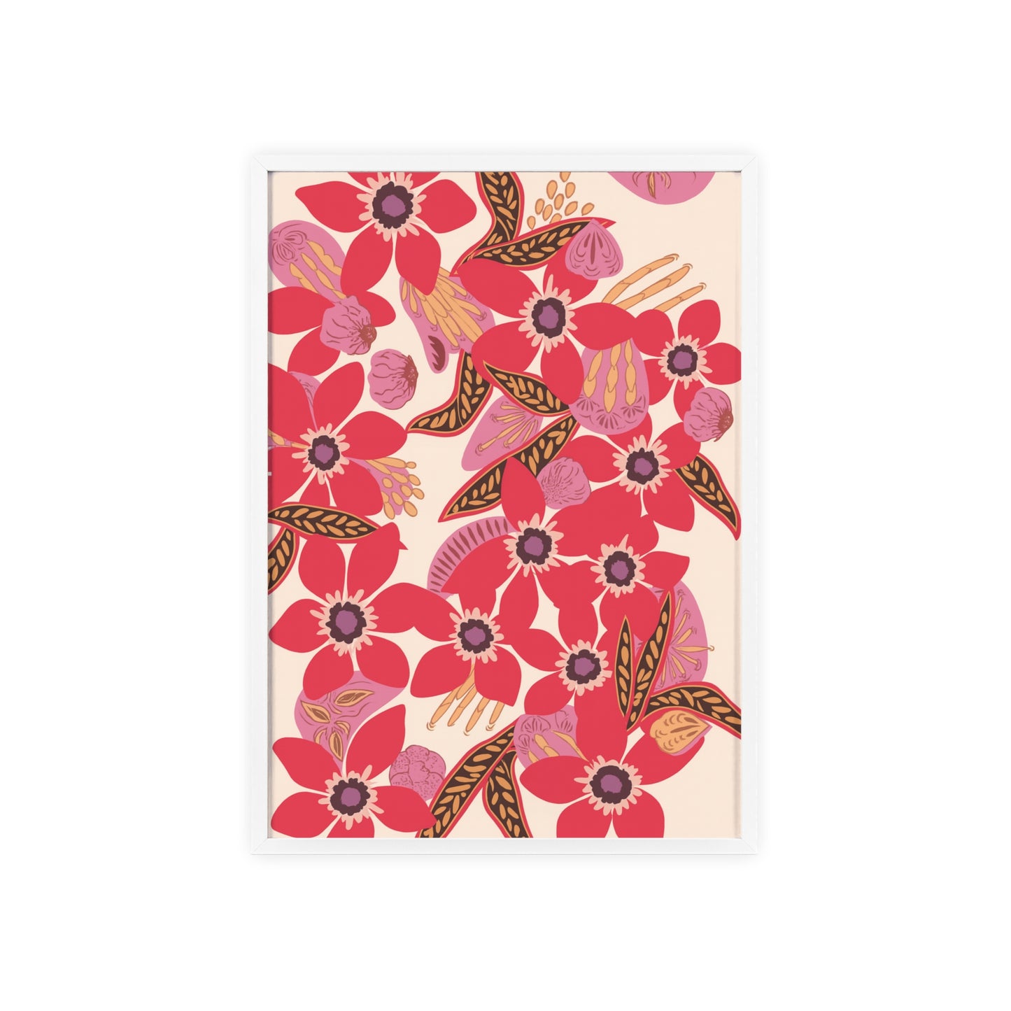 Floral Red Pink Poster with Wooden Frame — Bold Botanical Wall Art