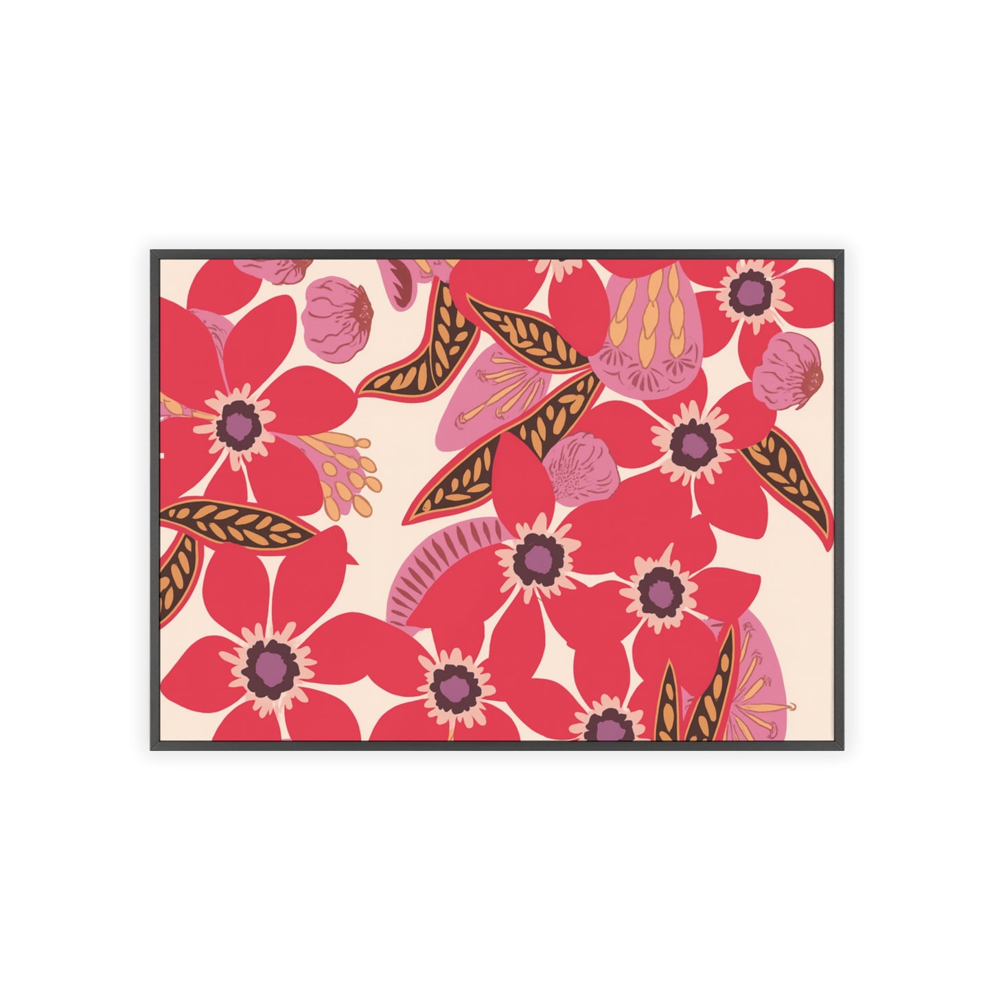 Floral Red Pink Poster with Wooden Frame — Bold Botanical Wall Art