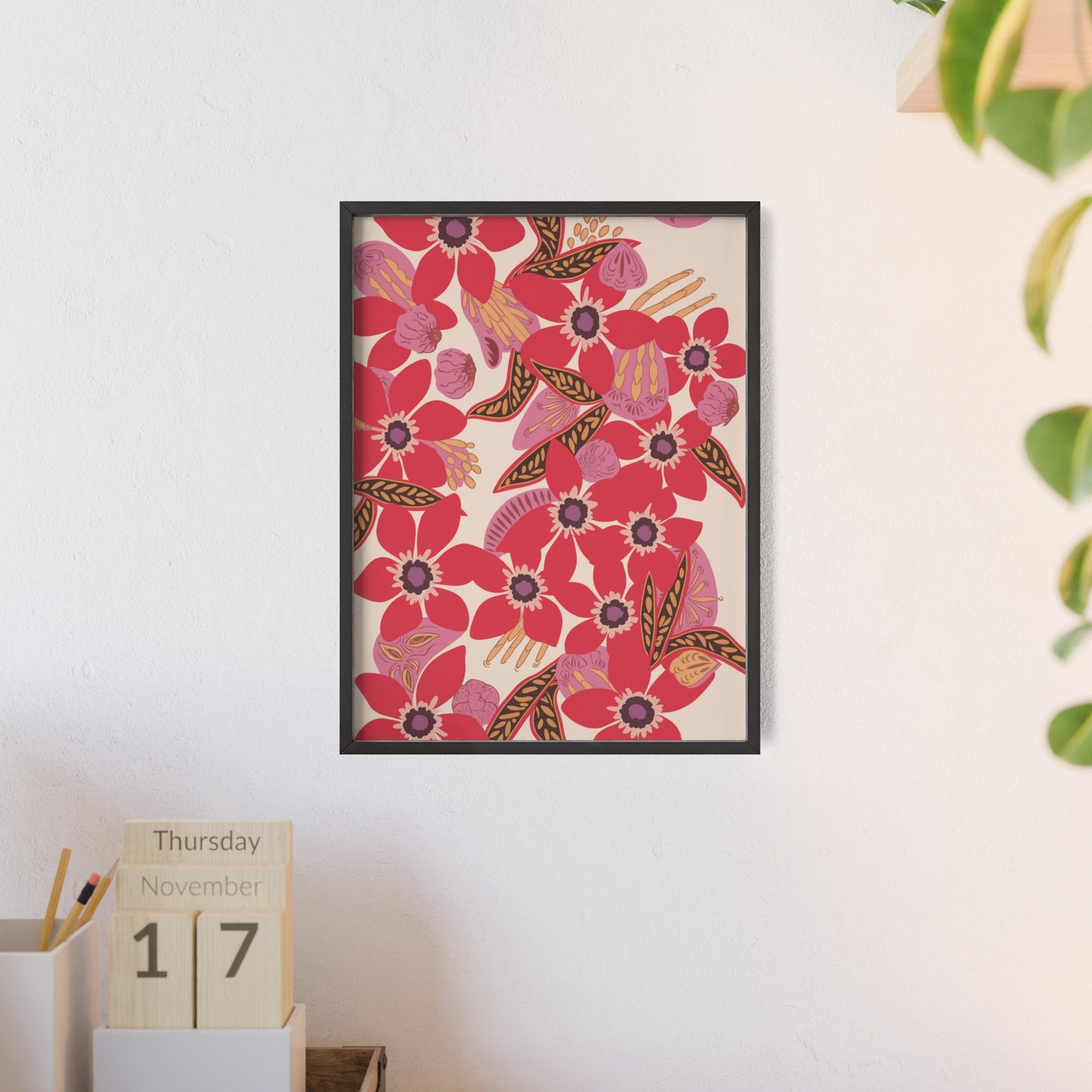 Floral Red Pink Poster with Wooden Frame — Bold Botanical Wall Art