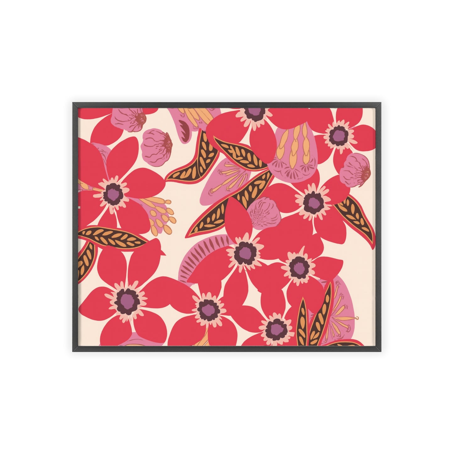 Floral Red Pink Poster with Wooden Frame — Bold Botanical Wall Art