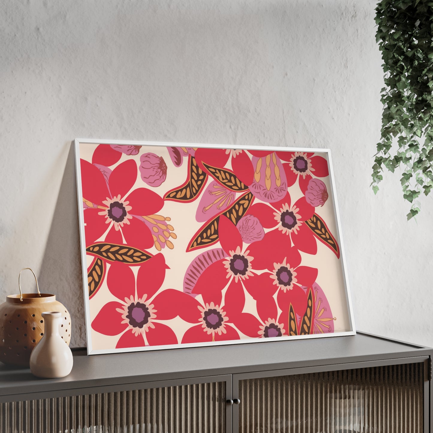 Floral Red Pink Poster with Wooden Frame — Bold Botanical Wall Art