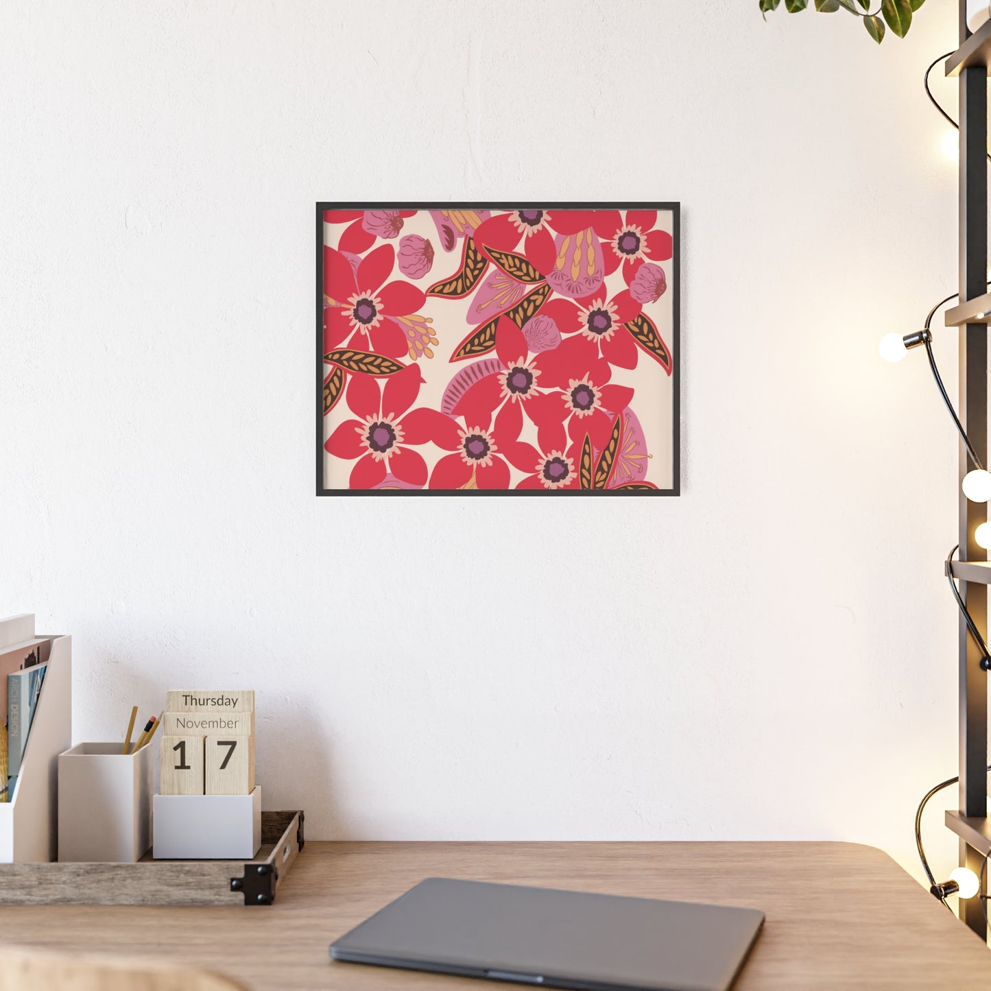 Floral Red Pink Poster with Wooden Frame — Bold Botanical Wall Art
