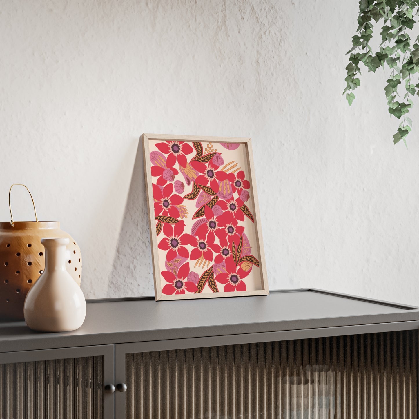 Floral Red Pink Poster with Wooden Frame — Bold Botanical Wall Art