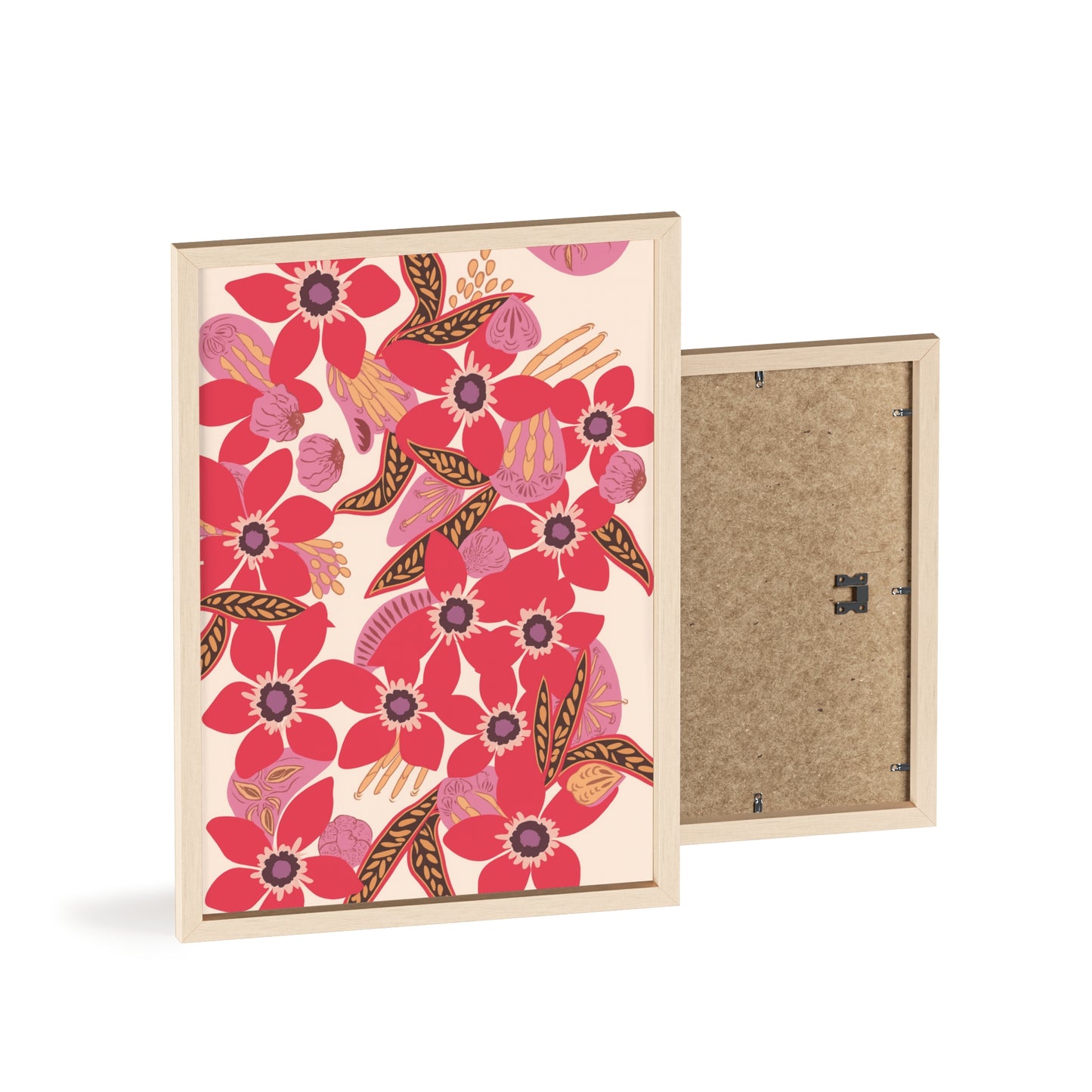 Floral Red Pink Poster with Wooden Frame — Bold Botanical Wall Art