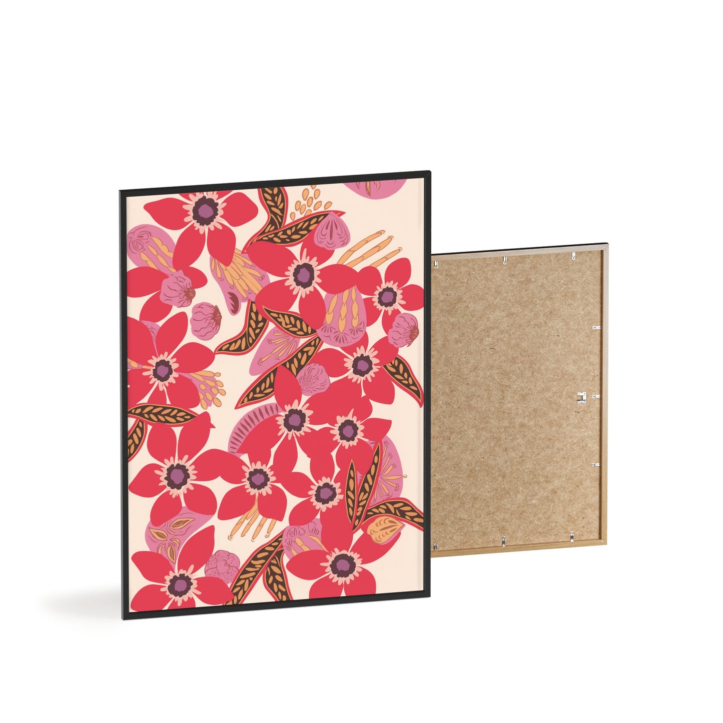Floral Red Pink Poster with Wooden Frame — Bold Botanical Wall Art
