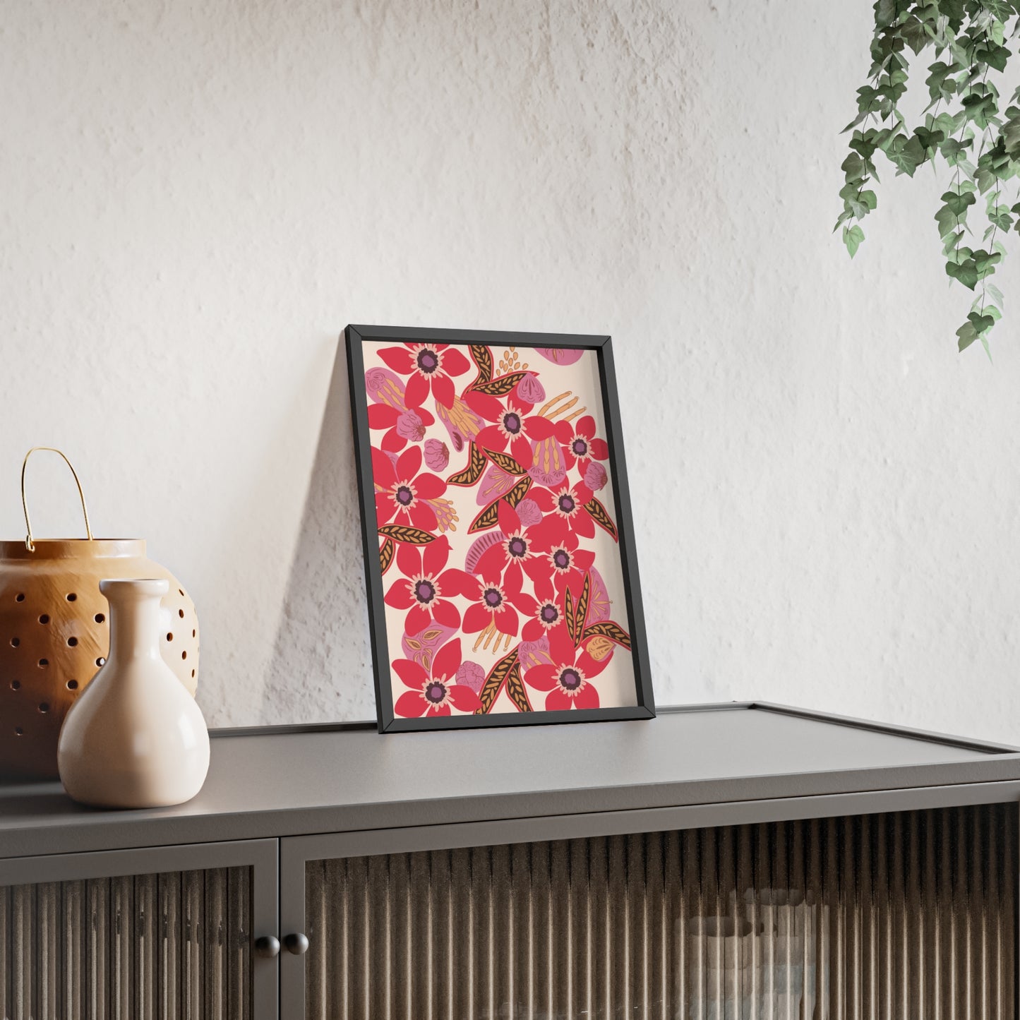 Floral Red Pink Poster with Wooden Frame — Bold Botanical Wall Art