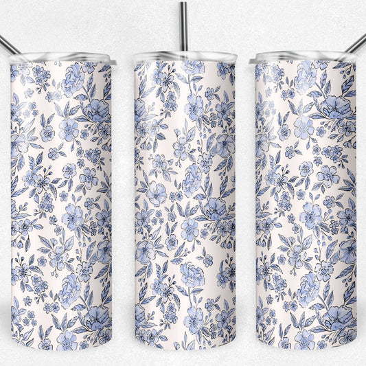 20 oz Skinny Tumbler, Blue Floral Vintage Pattern
