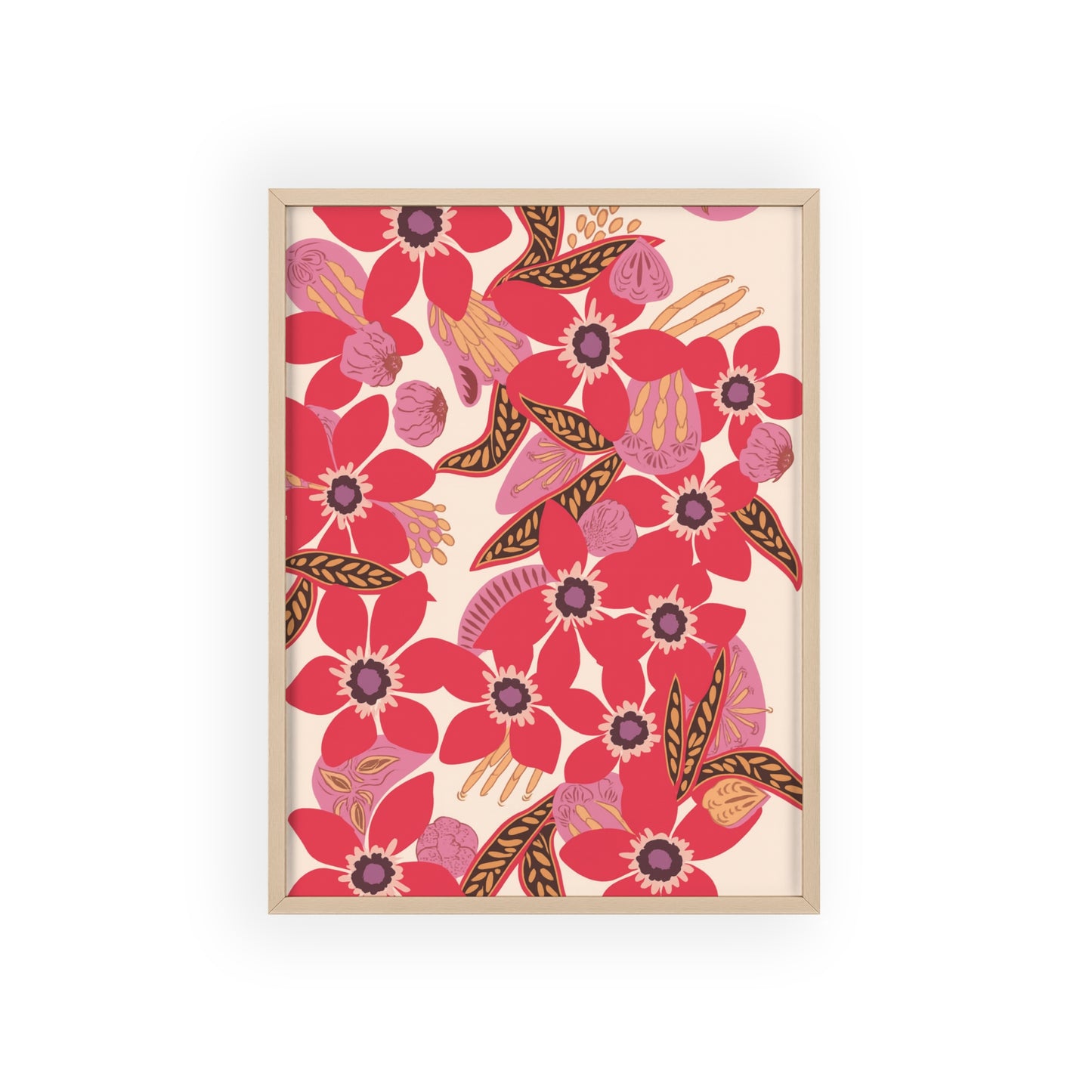 Floral Red Pink Poster with Wooden Frame — Bold Botanical Wall Art