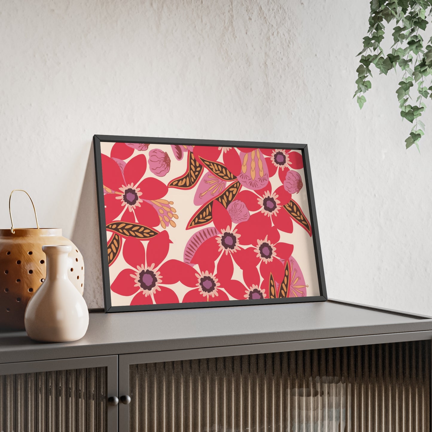 Floral Red Pink Poster with Wooden Frame — Bold Botanical Wall Art