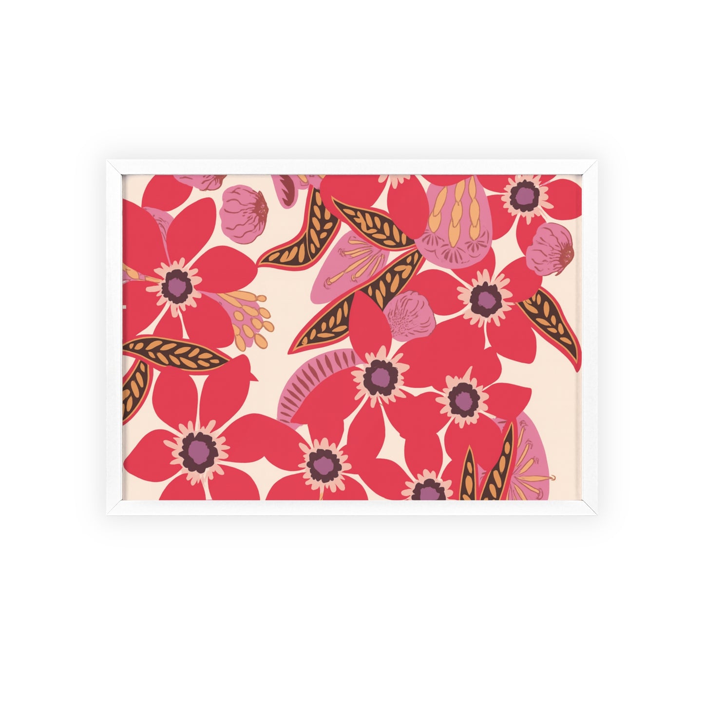 Floral Red Pink Poster with Wooden Frame — Bold Botanical Wall Art